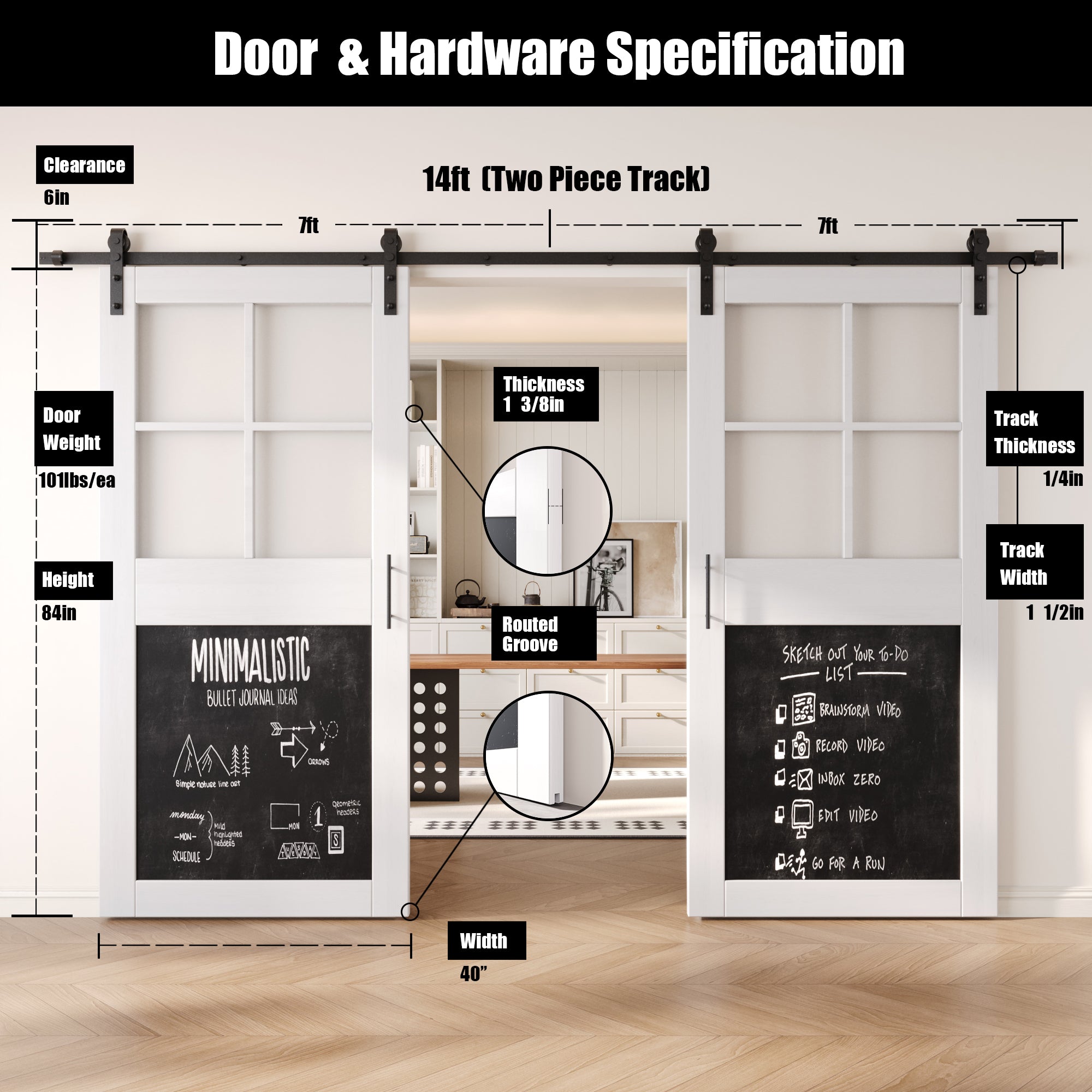 84" Height White Half Lite Chalkboard Double Unassembled & Finished Pine Wood Barn Doors with Non-Bypass Installation Hardware Kit (Interior Use Only)