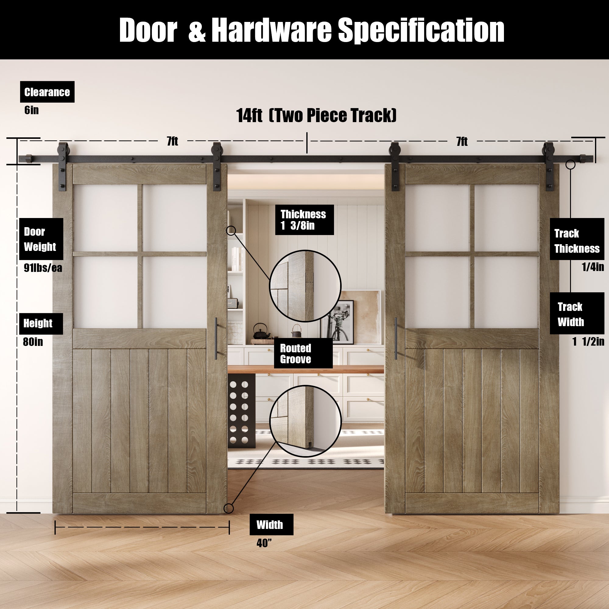 80" Height Classic Gray Half Lite Grid Glass Double Unassembled & Finished Pine Wood Barn Doors with Non-Bypass Installation Hardware Kit (Interior Use Only)