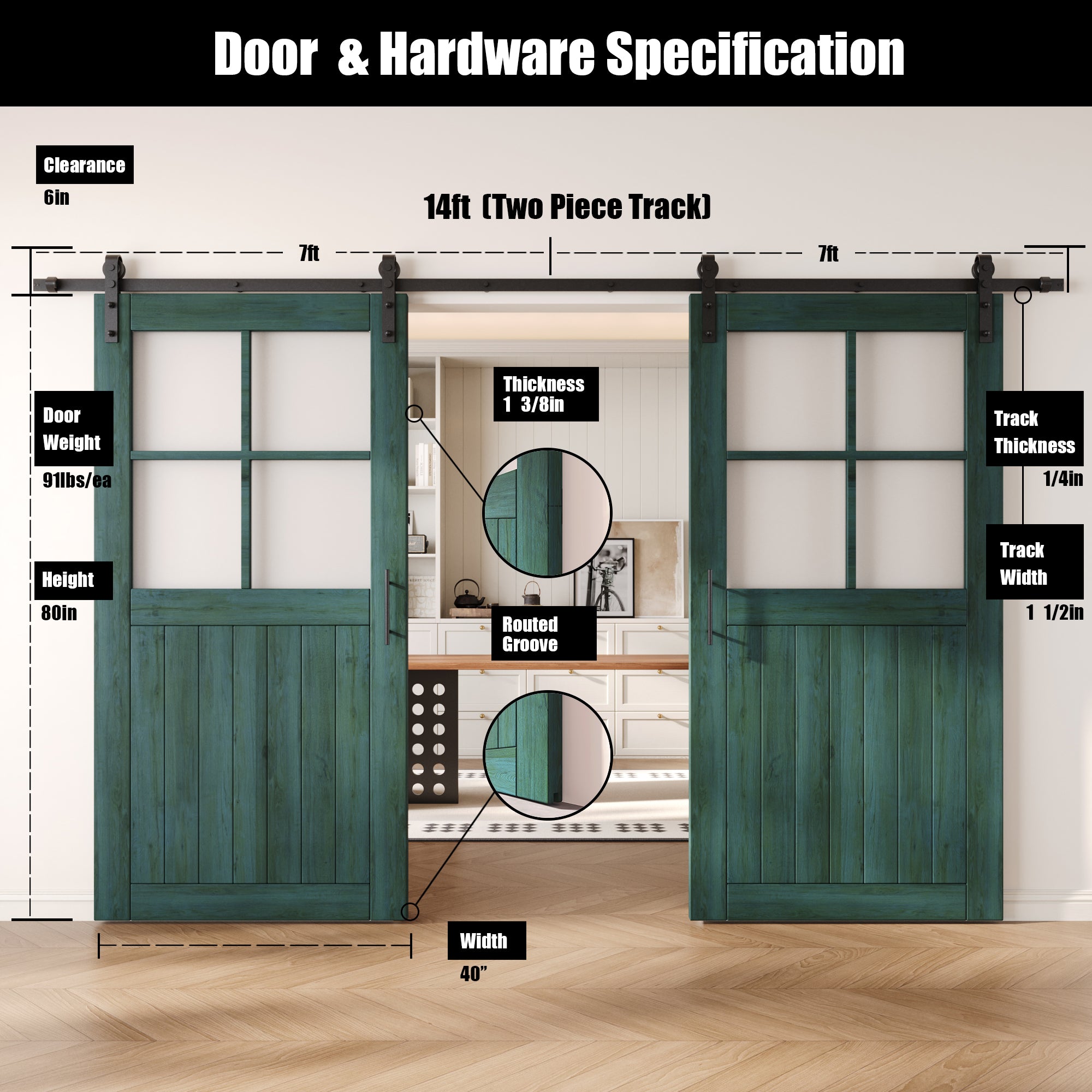 80" Height Royal Pine Half Lite Grid Glass Double Unassembled & Finished Pine Wood Barn Doors with Non-Bypass Installation Hardware Kit (Interior Use Only)