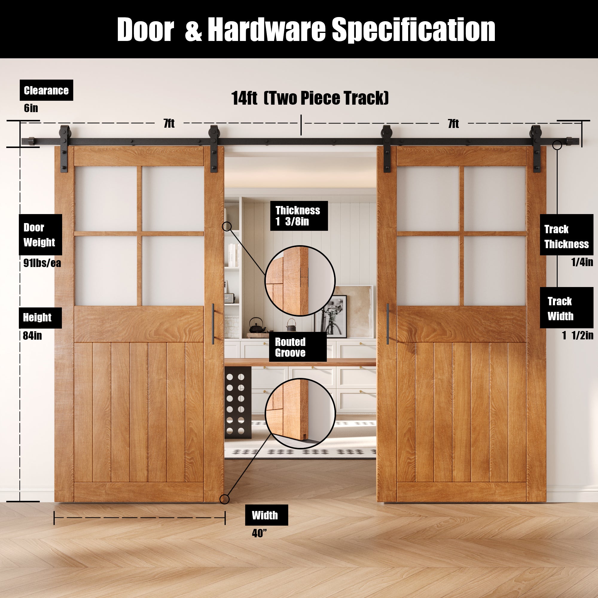 84" Height Early American Half Lite Grid Glass Double Unassembled & Finished Pine Wood Barn Doors with Non-Bypass Installation Hardware Kit (Interior Use Only)