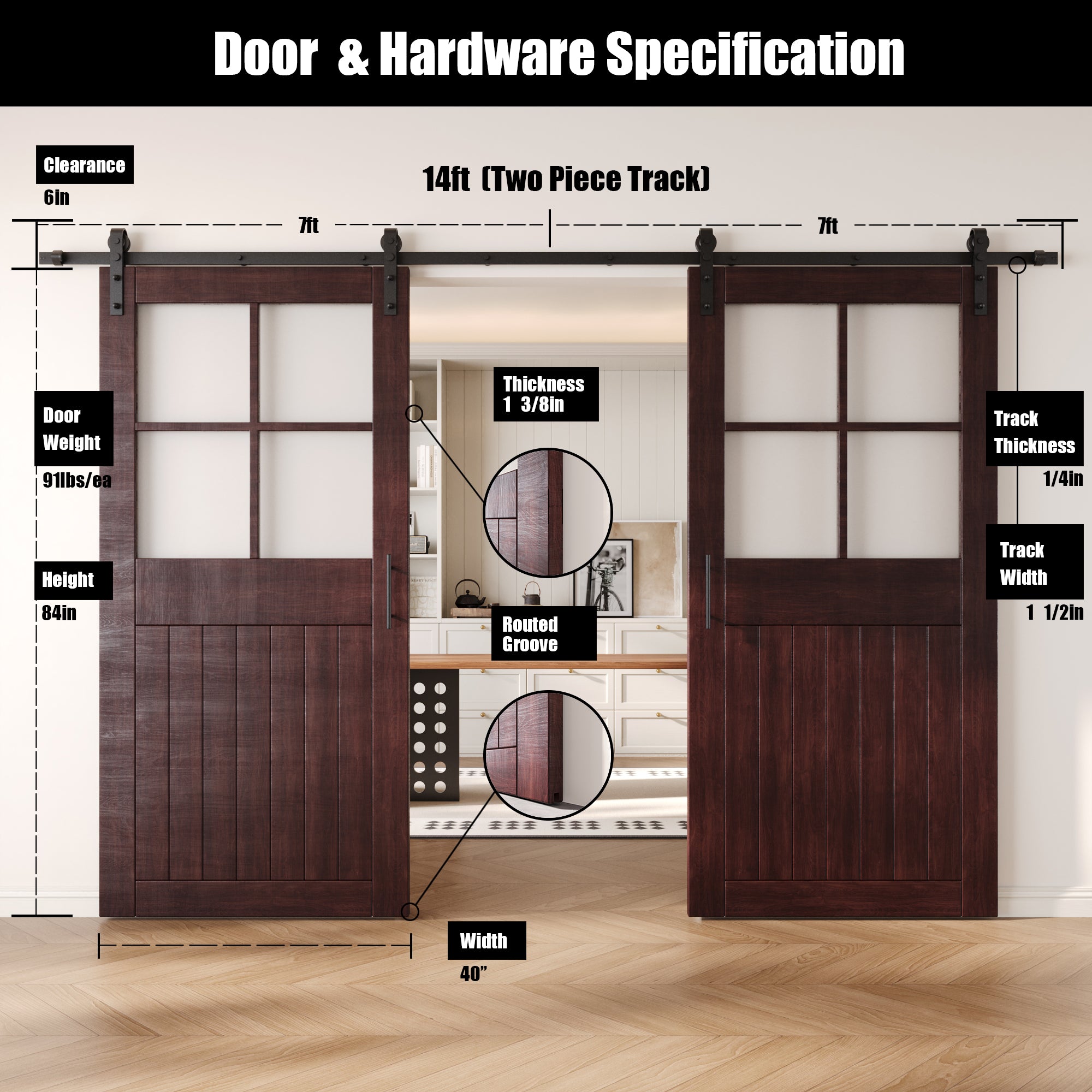 84" Height Red Mahogany Half Lite Grid Glass Double Unassembled & Finished Pine Wood Barn Doors with Non-Bypass Installation Hardware Kit (Interior Use Only)
