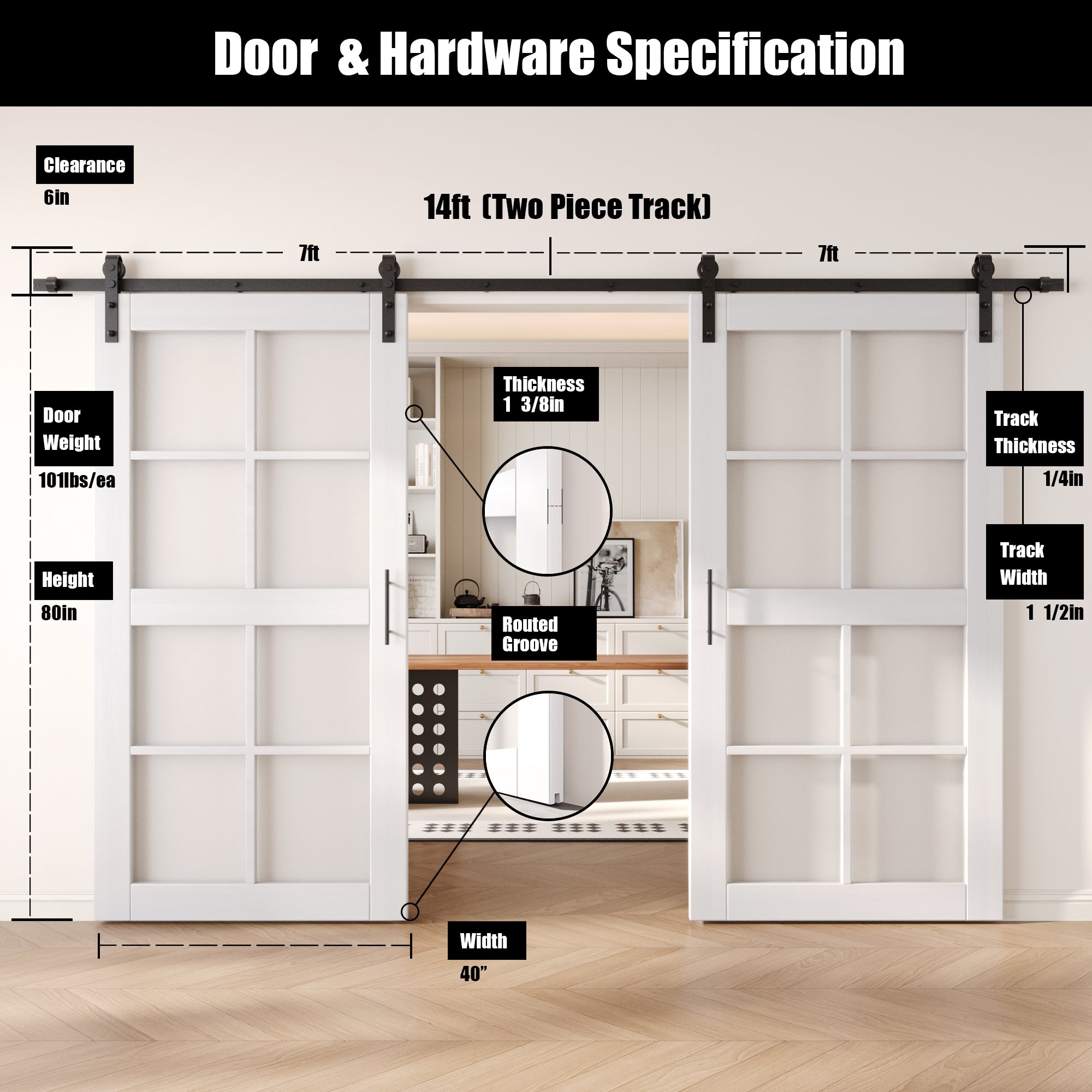 80" Height White 8-Lite Frosted Glass Double Unassembled & Finished Pine Wood Barn Doors with Non-Bypass Installation Hardware Kit (Interior Use Only)