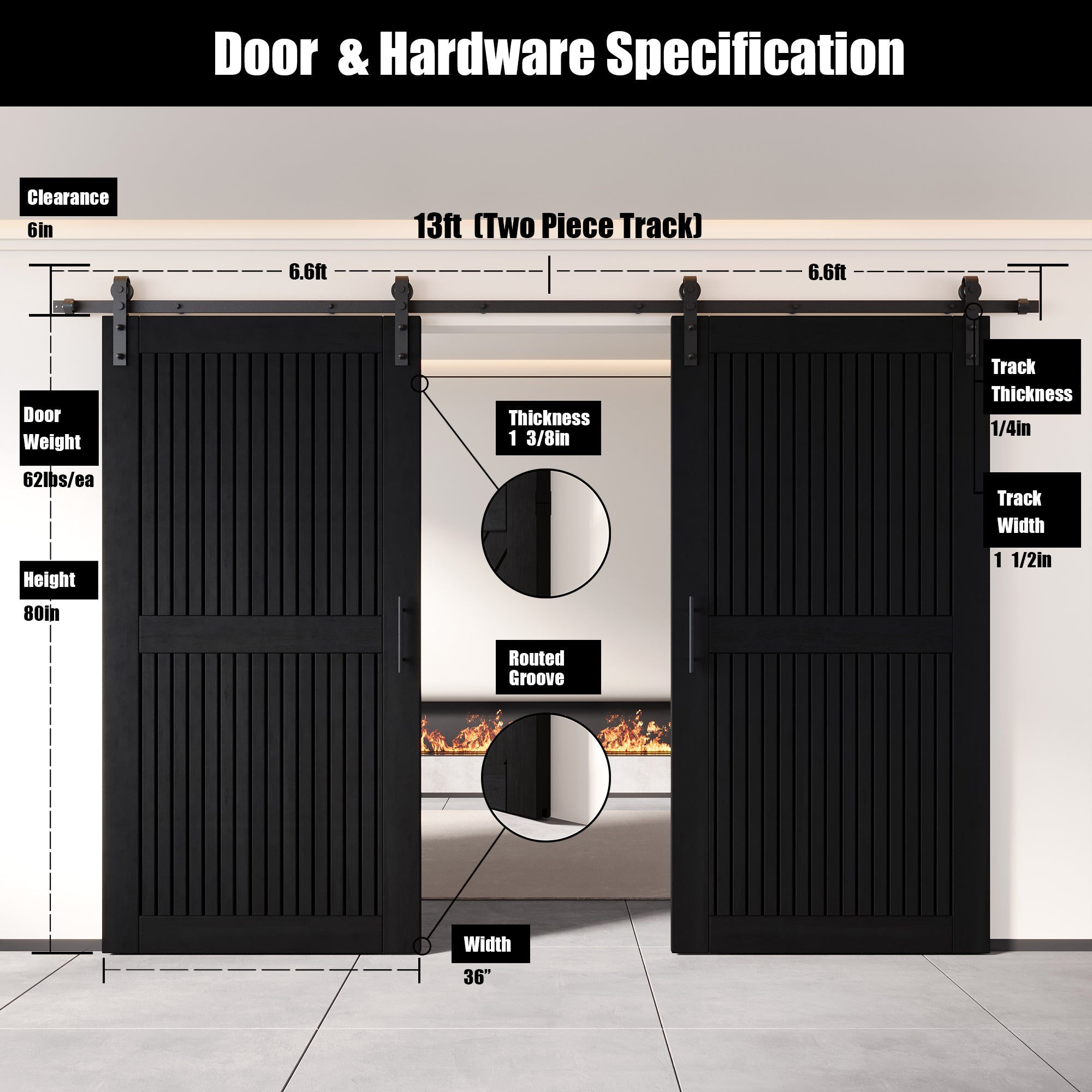 80" Height Black Vertical Stripe Design Unassembled & Finished Double Pine Wood Barn Door with Non-Bypass Installation Hardware Kit(Interior Use Only)