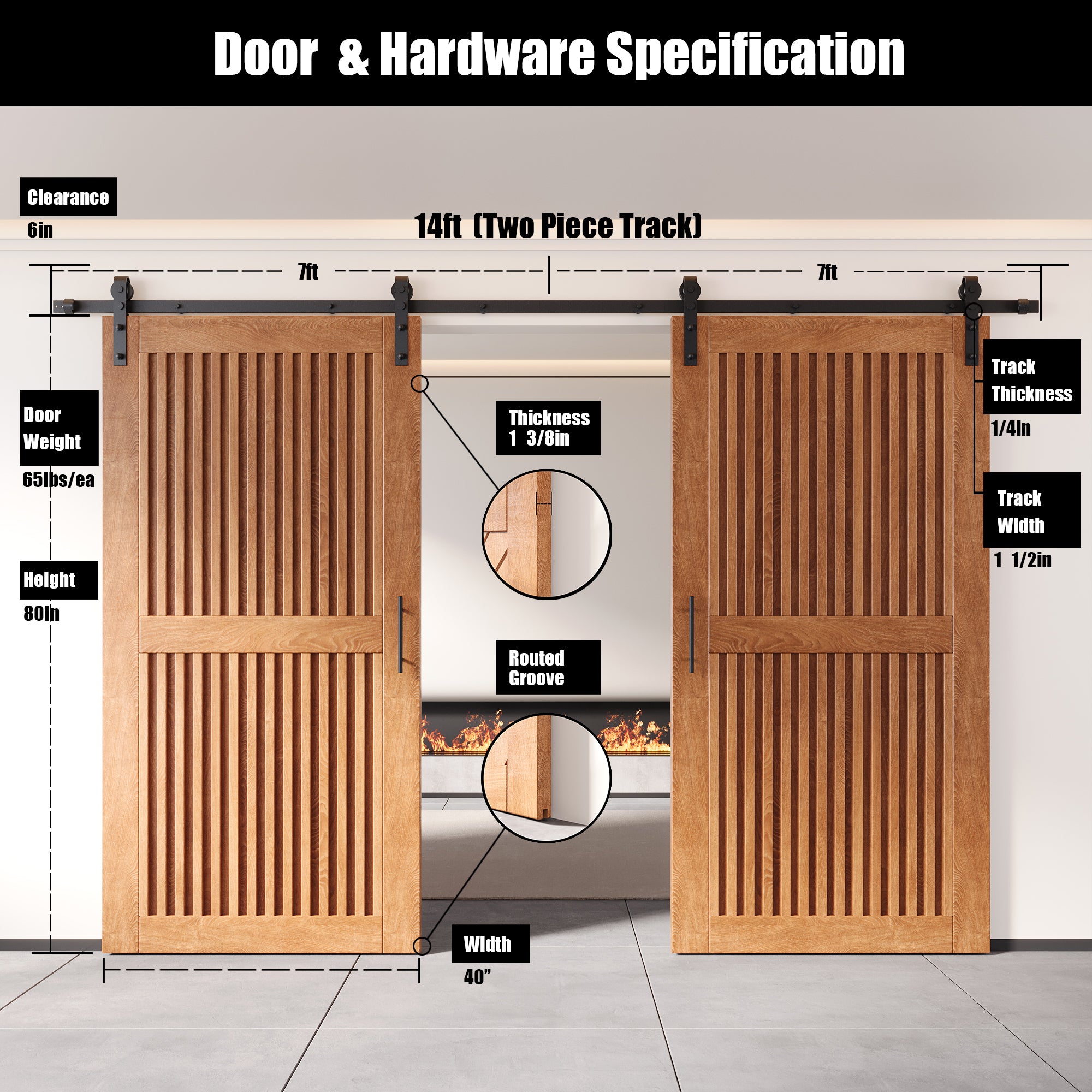 80" Height Early American Vertical Stripe Design Unassembled & Finished Double Pine Wood Barn Door with Non-Bypass Installation Hardware Kit(Interior Use Only)