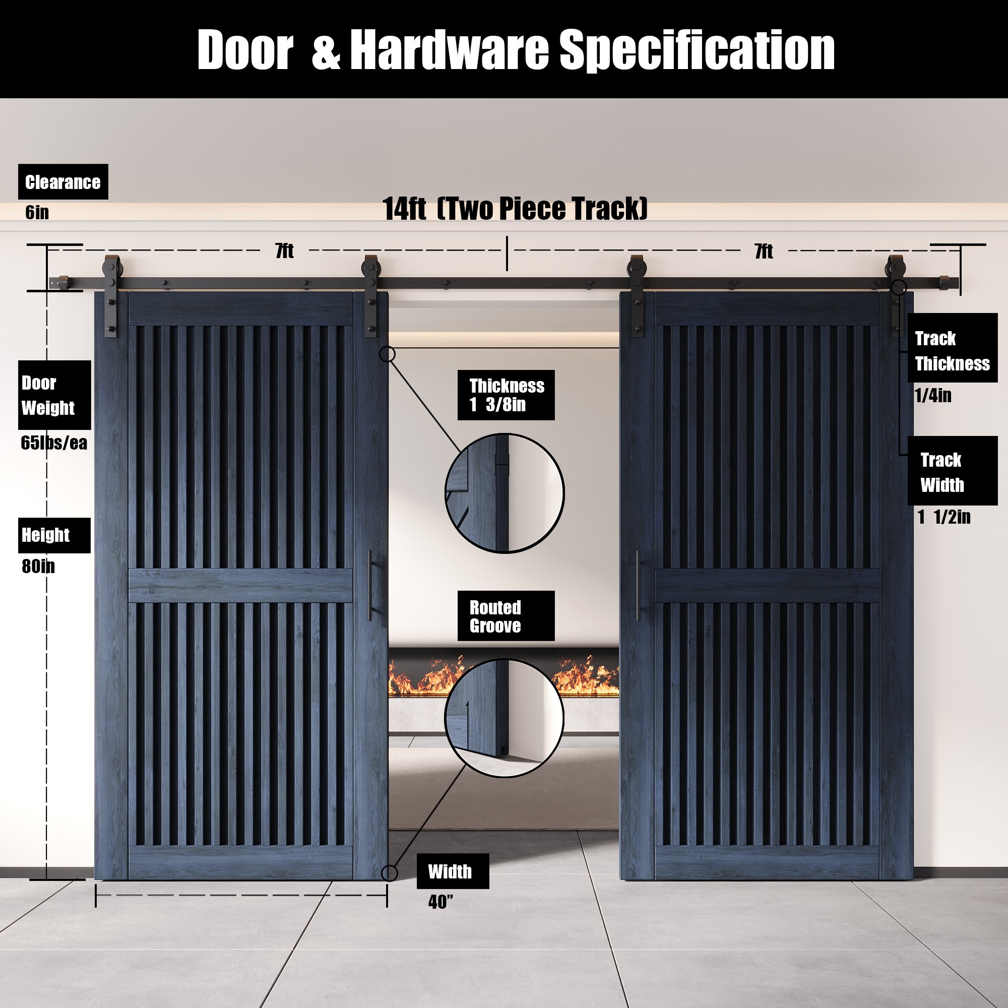 80" Height Navy Vertical Stripe Design Unassembled & Finished Double Pine Wood Barn Door with Non-Bypass Installation Hardware Kit(Interior Use Only)