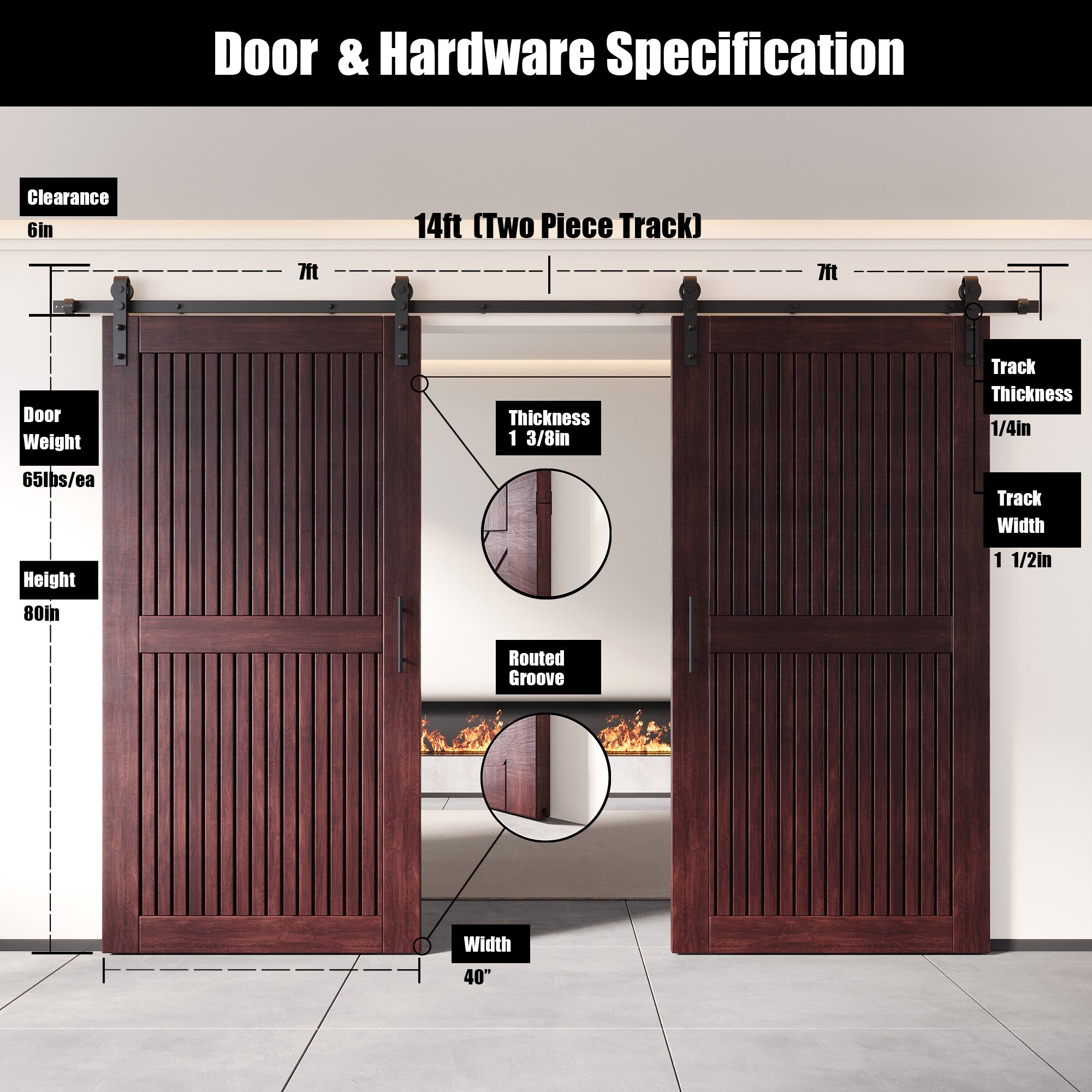 80" Height Red Mahogany Vertical Stripe Design Unassembled & Finished Double Pine Wood Barn Door with Non-Bypass Installation Hardware Kit(Interior Use Only)