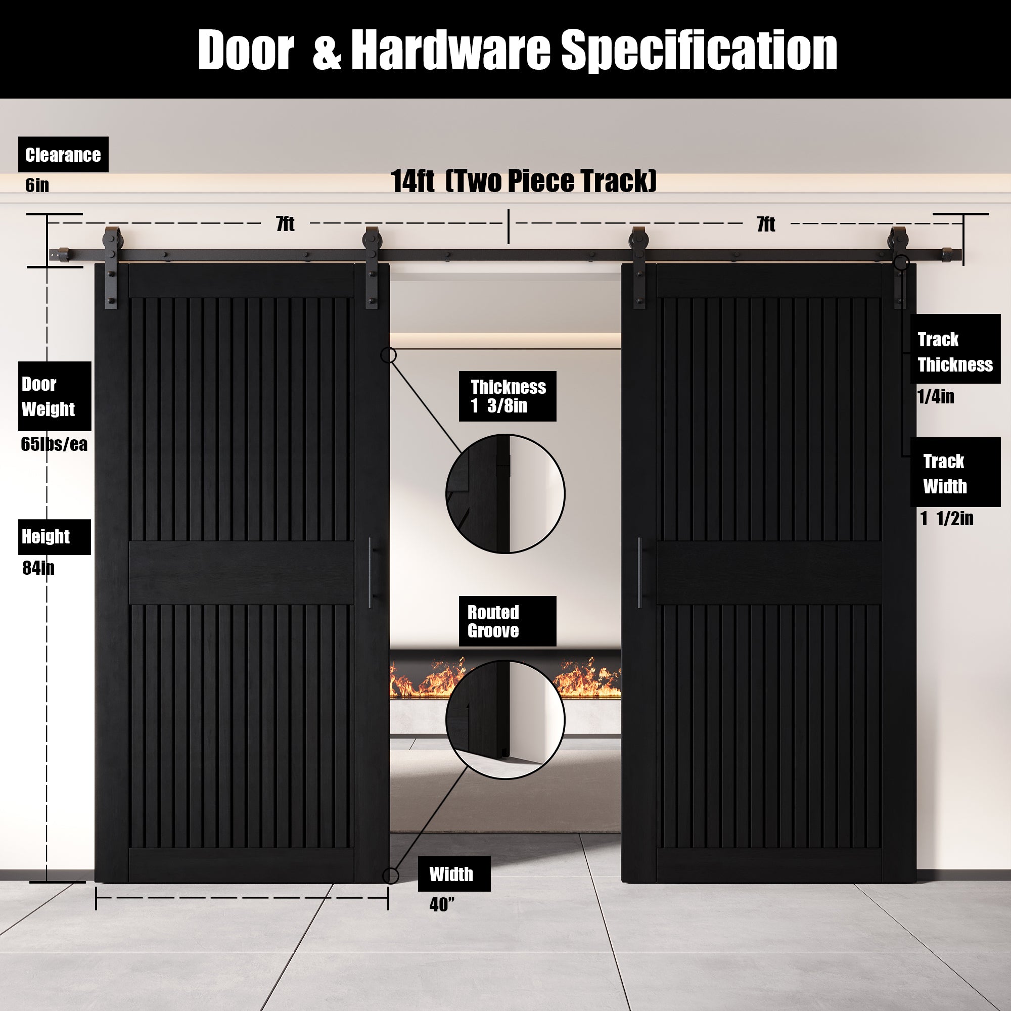 84" Height Black Vertical Stripe Design Unassembled & Finished Double Pine Wood Barn Door with Non-Bypass Installation Hardware Kit(Interior Use Only)