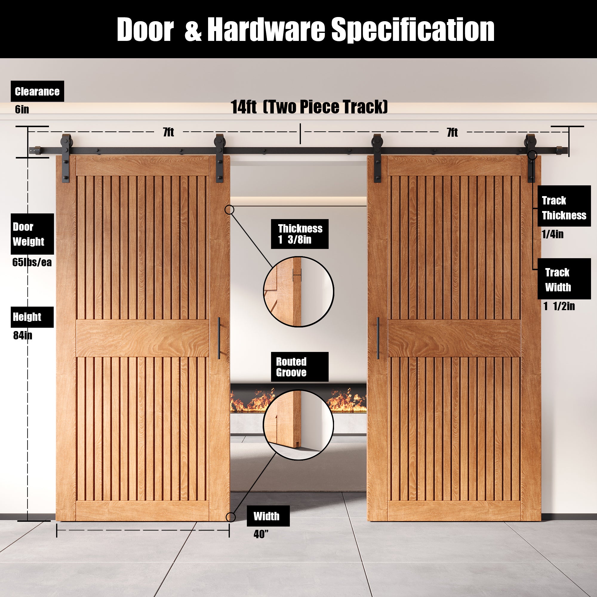 84" Height Early American Vertical Stripe Design Unassembled & Finished Double Pine Wood Barn Door with Non-Bypass Installation Hardware Kit(Interior Use Only)