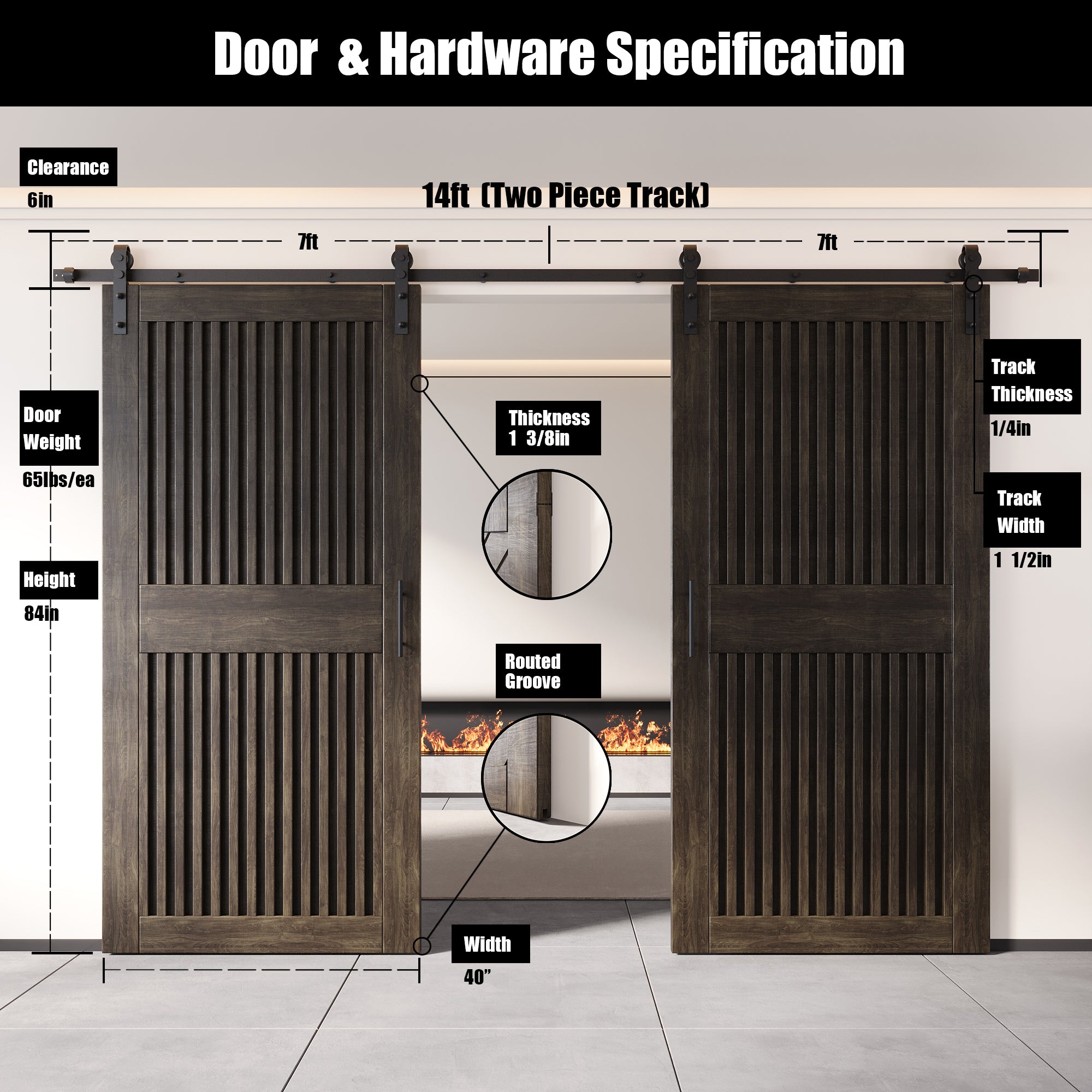84" Height Ebony Vertical Stripe Design Unassembled & Finished Double Pine Wood Barn Door with Non-Bypass Installation Hardware Kit(Interior Use Only)
