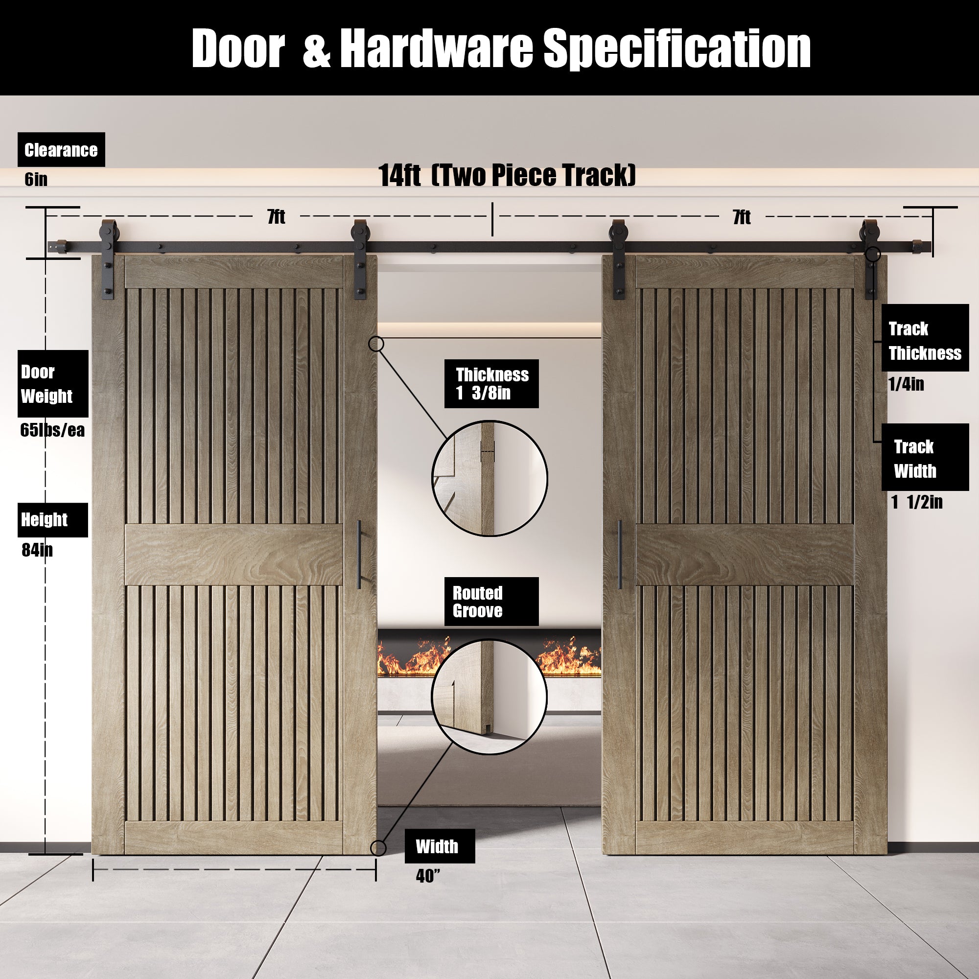 84" Height Classic Gray Vertical Stripe Design Unassembled & Finished Double Pine Wood Barn Door with Non-Bypass Installation Hardware Kit(Interior Use Only)