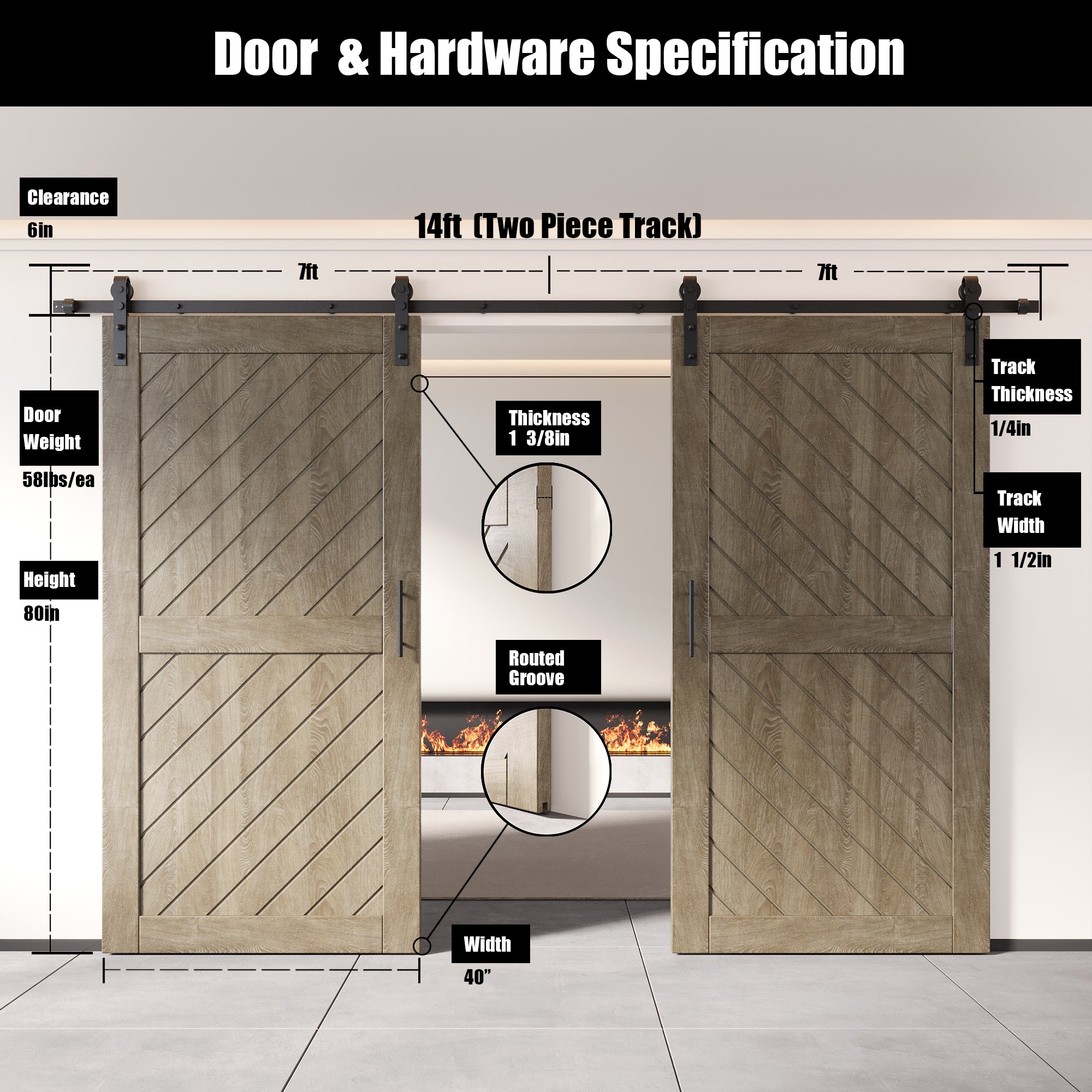 finished double pine barn door with hardware kit