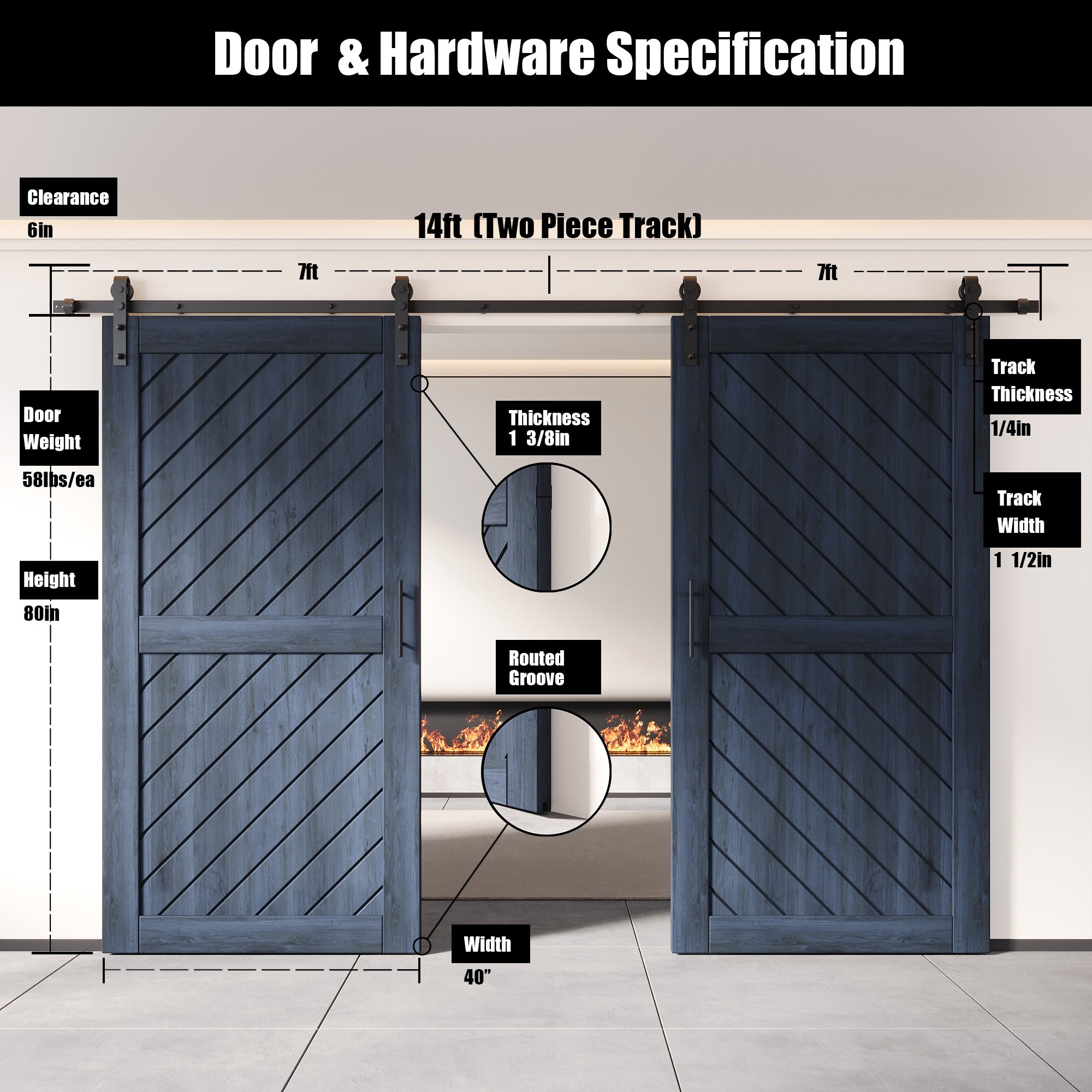interior-use navy double pine barn door, finished