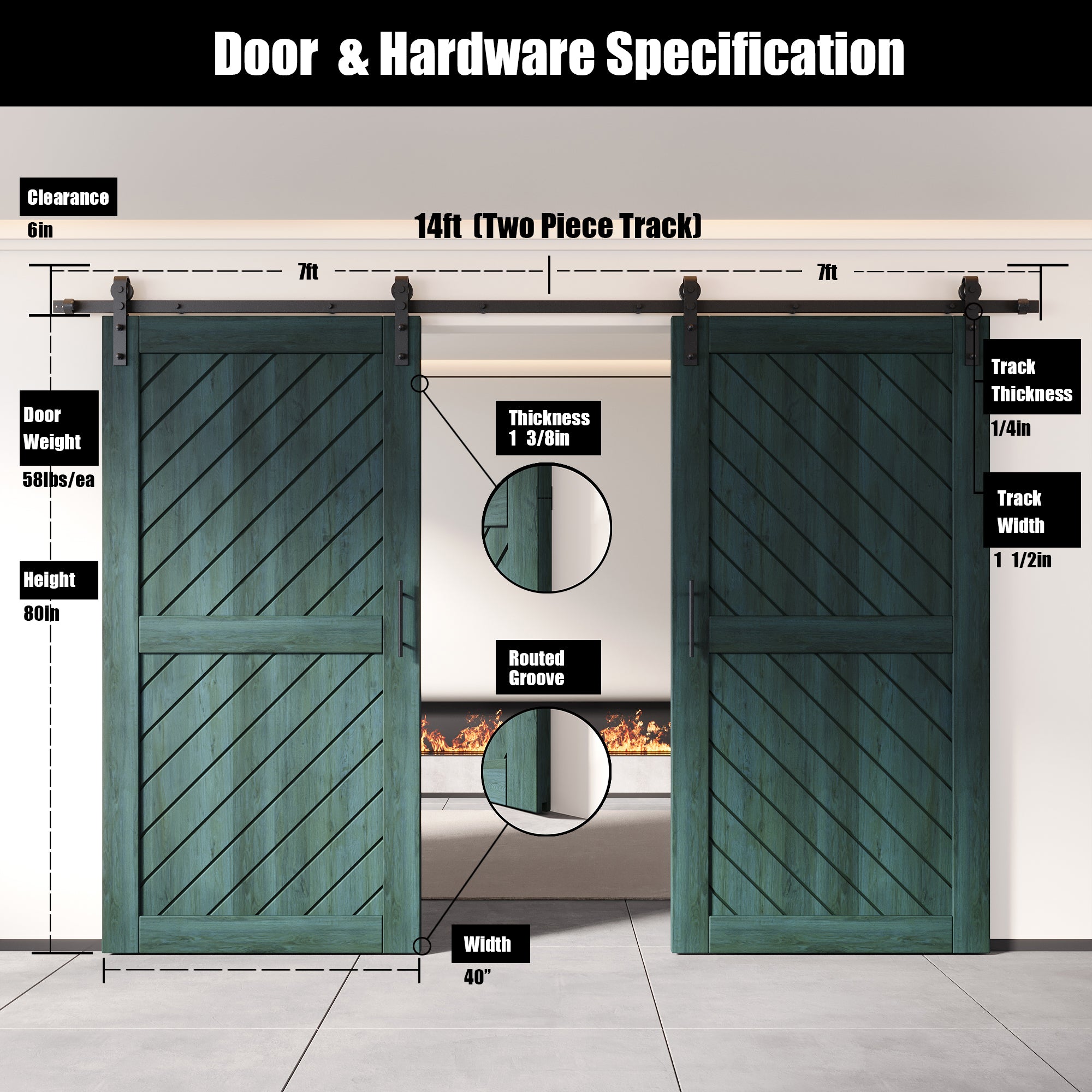 80" Height Royal Pine Slanted Stripe Design Unassembled & Finished Double Pine Wood Barn Door with Non-Bypass Installation Hardware Kit(Interior Use Only)