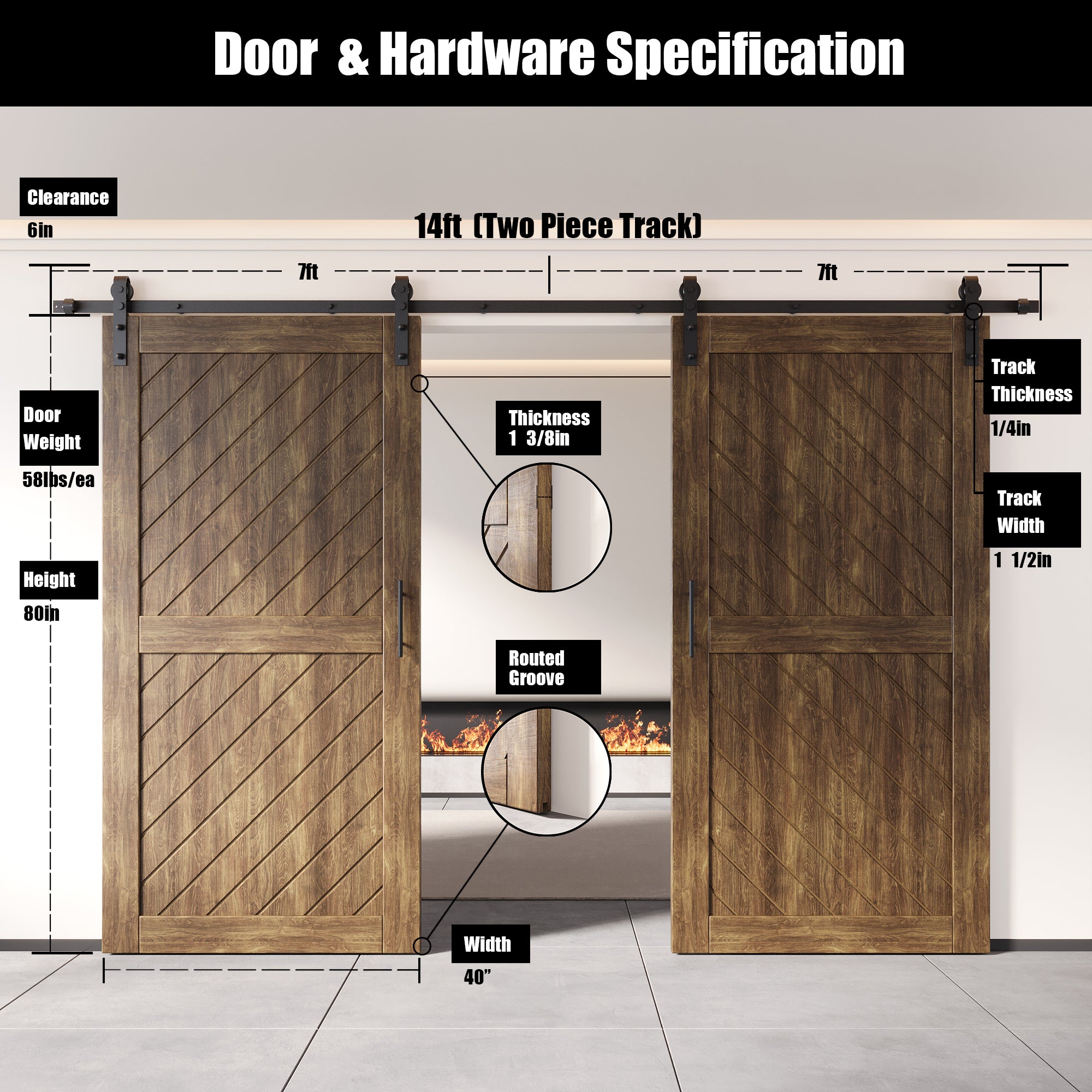 slanted stripe design dark walnut double barn door, 80 inches