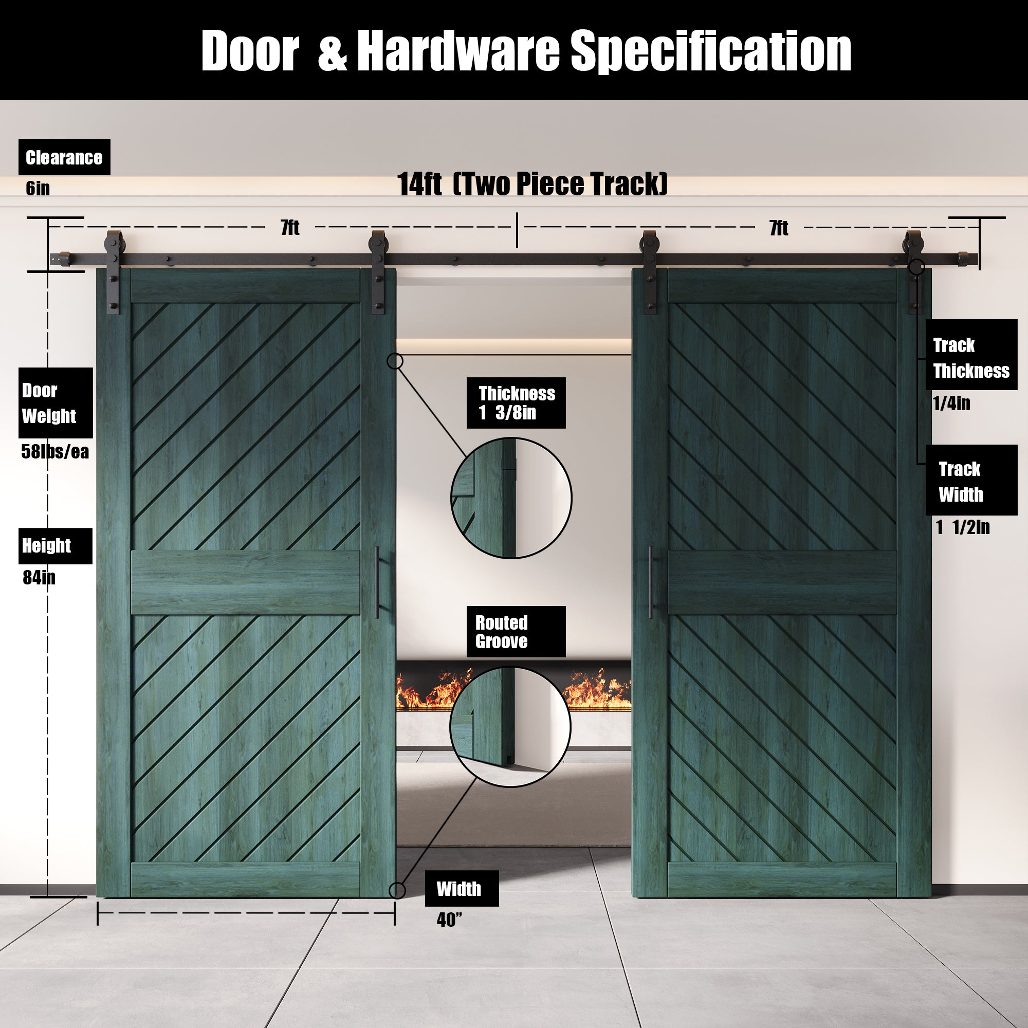 slanted stripe design royal pine double barn door, 84 inches
