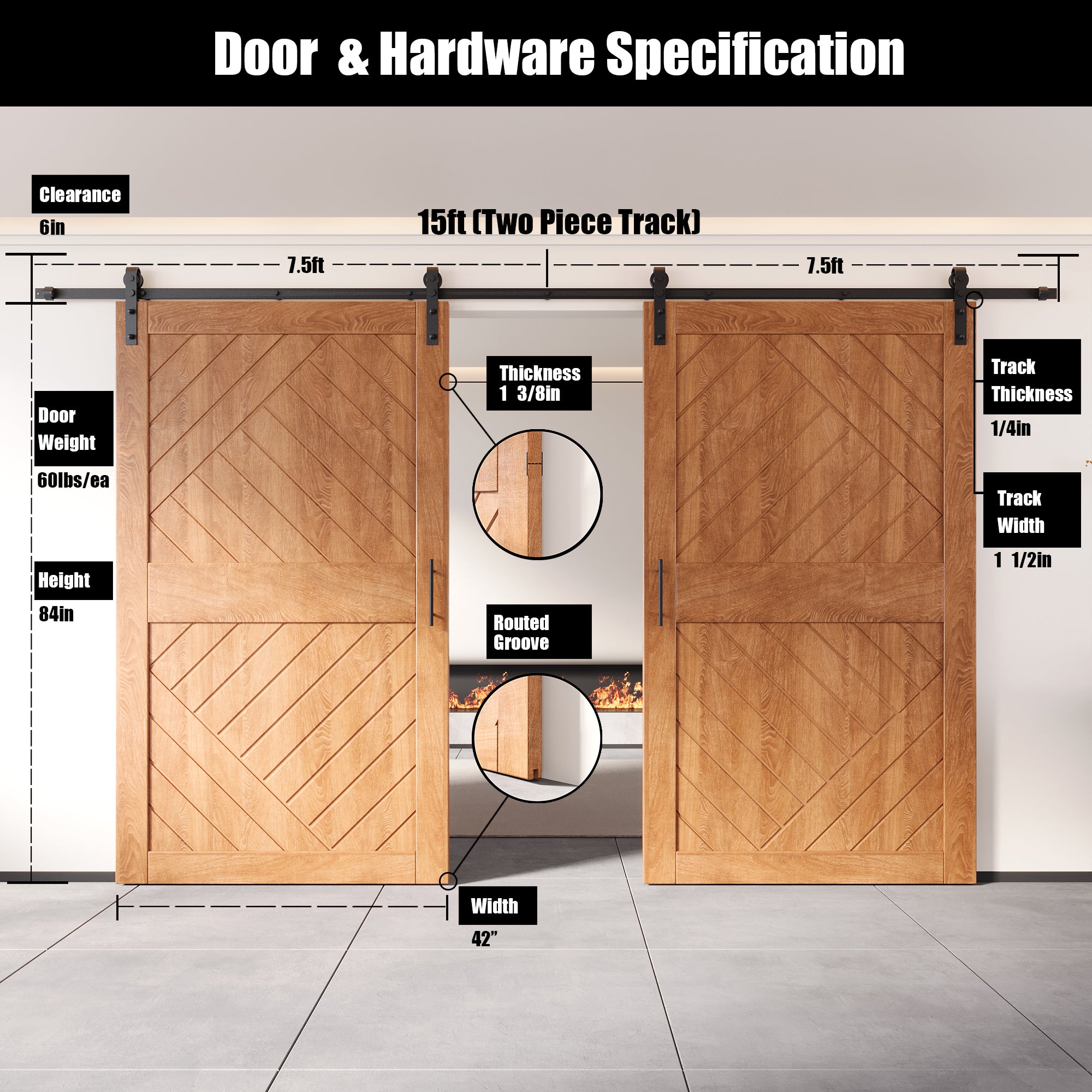 84" Height Early American Geometric Design Unassembled & Finished Double Pine Wood Barn Door with Non-Bypass Installation Hardware Kit(Interior Use Only)