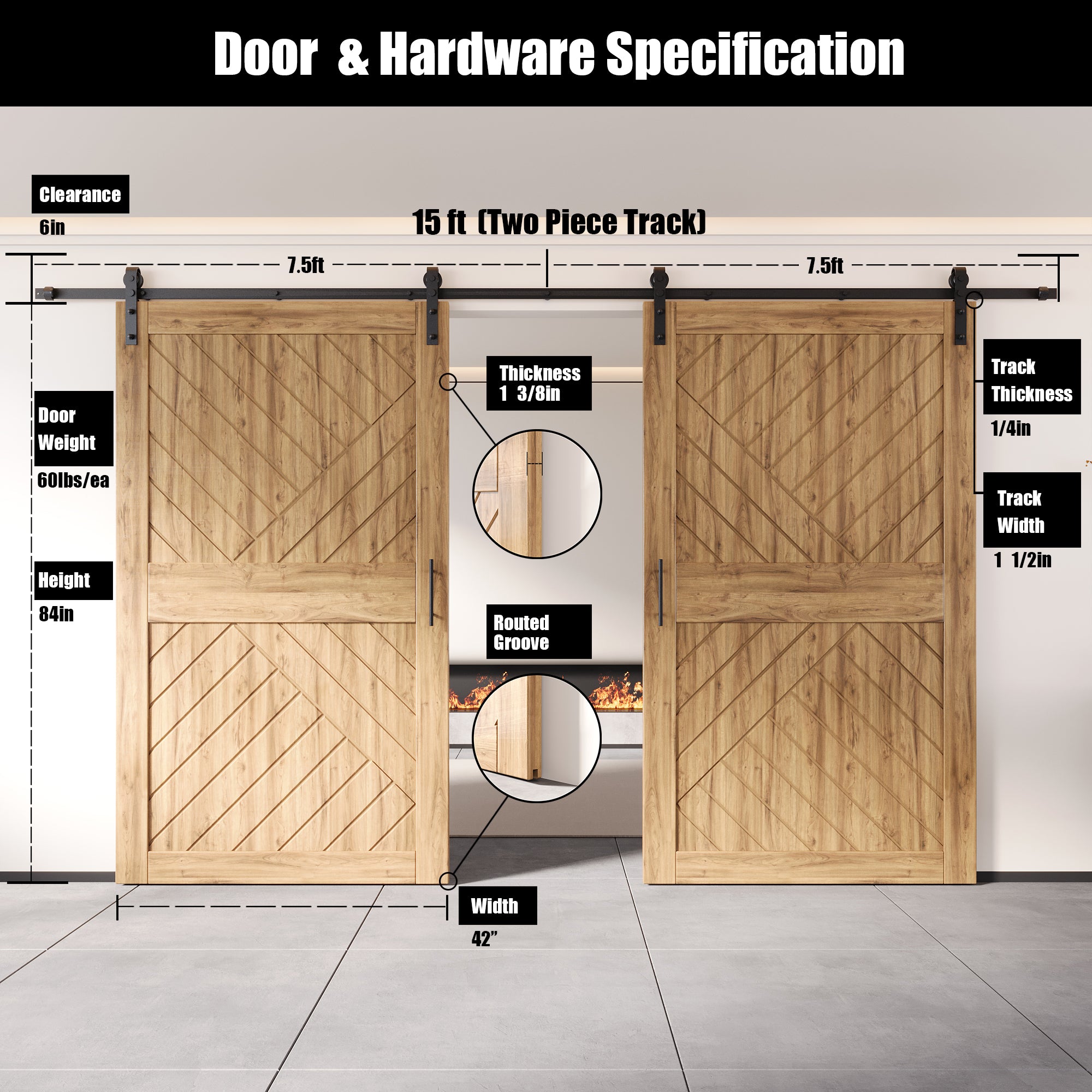84" Height Geometric Design Unassembled & Unfinished Double Pine Wood Barn Door with Non-Bypass Installation Hardware Kit(Interior Use Only)