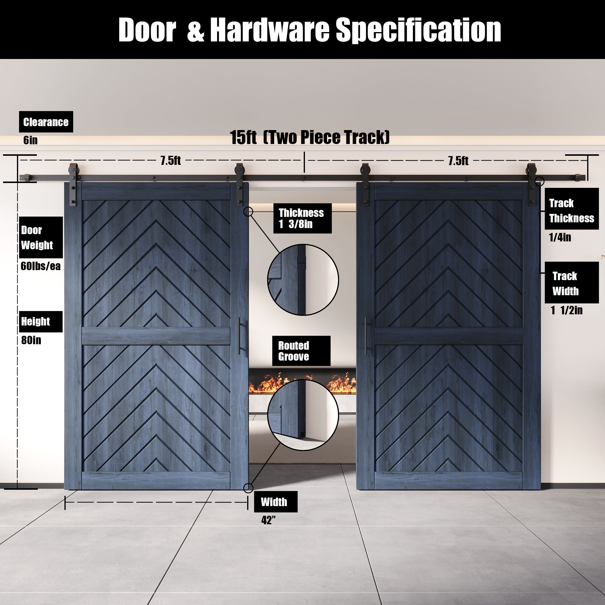 80" Height Navy Fishbone Design Unassembled & Finished Double Pine Wood Barn Door with Non-Bypass Installation Hardware Kit(Interior Use Only)