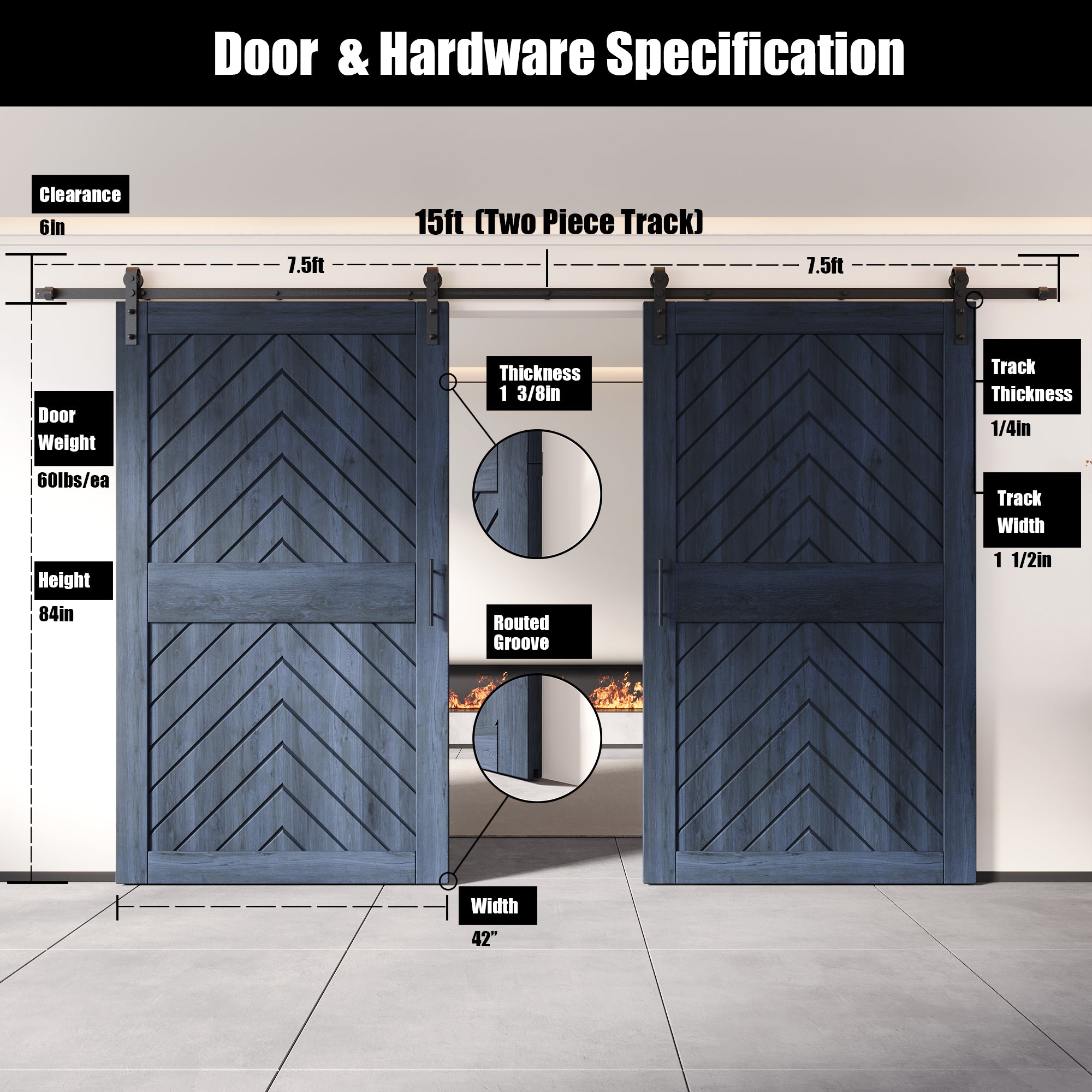 sliding barn door hardware kit with two doors pine wood barn door navy fishbone design