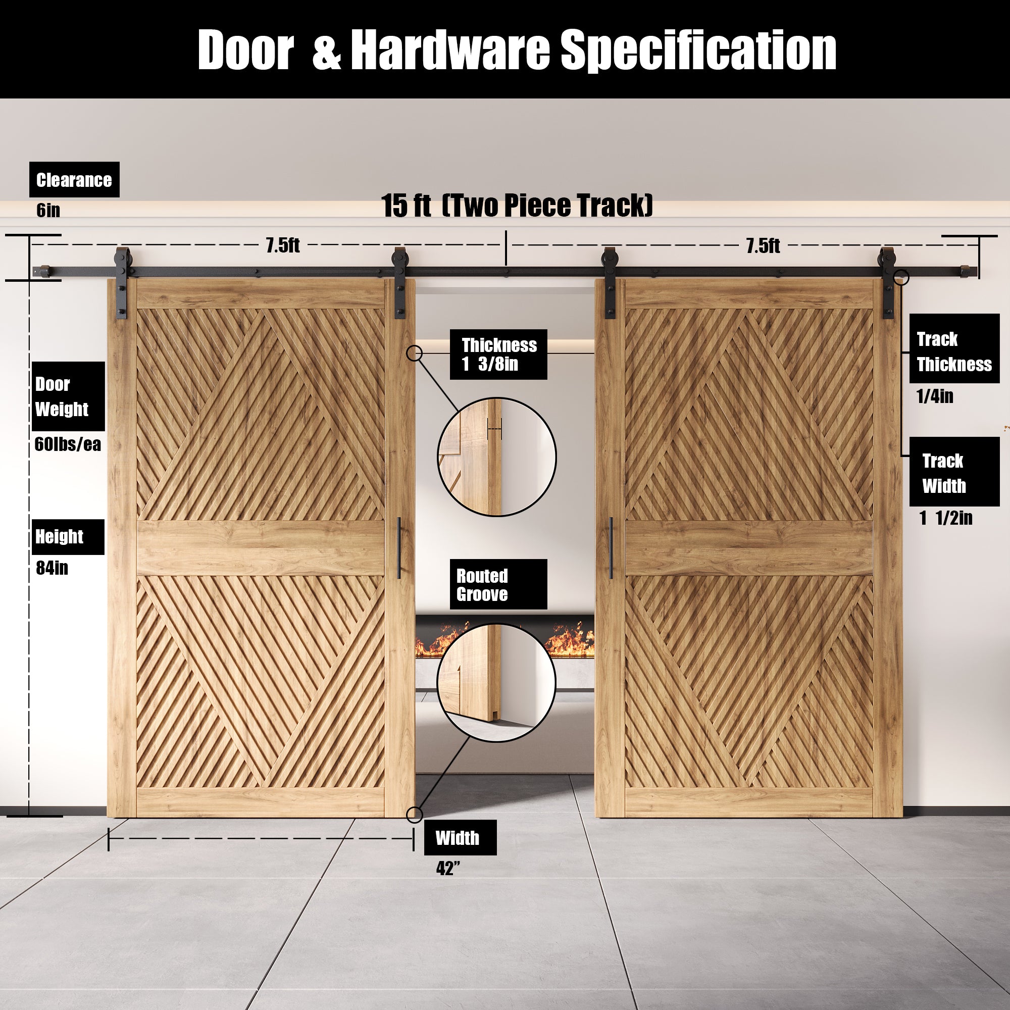 84" Height Diamond Design Unassembled & Unfinished Double Pine Wood Barn Door with Non-Bypass Installation Hardware Kit(Interior Use Only)