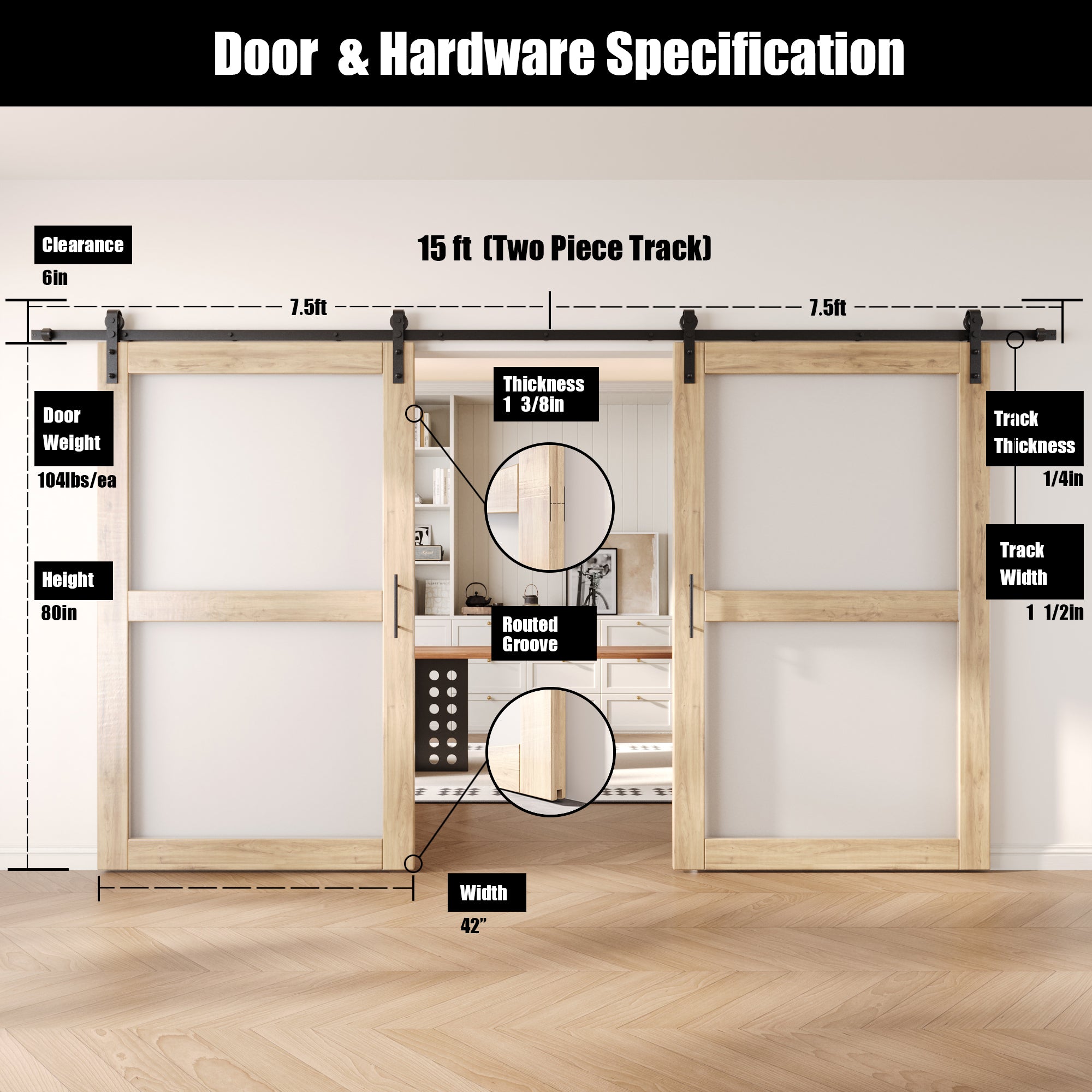 80" Height 2-Lite Frosted Glass Double Unassembled & Unfinished Pine Wood Barn Doors with Non-Bypass Installation Hardware Kit (Interior Use Only)