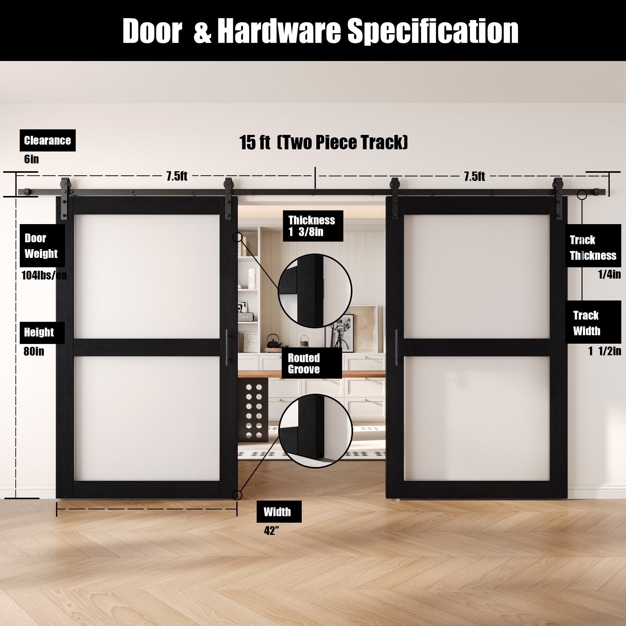 80" Height Black 2-Lite Frosted Glass Double Unassembled & Finished Pine Wood Barn Doors with Non-Bypass Installation Hardware Kit (Interior Use Only)
