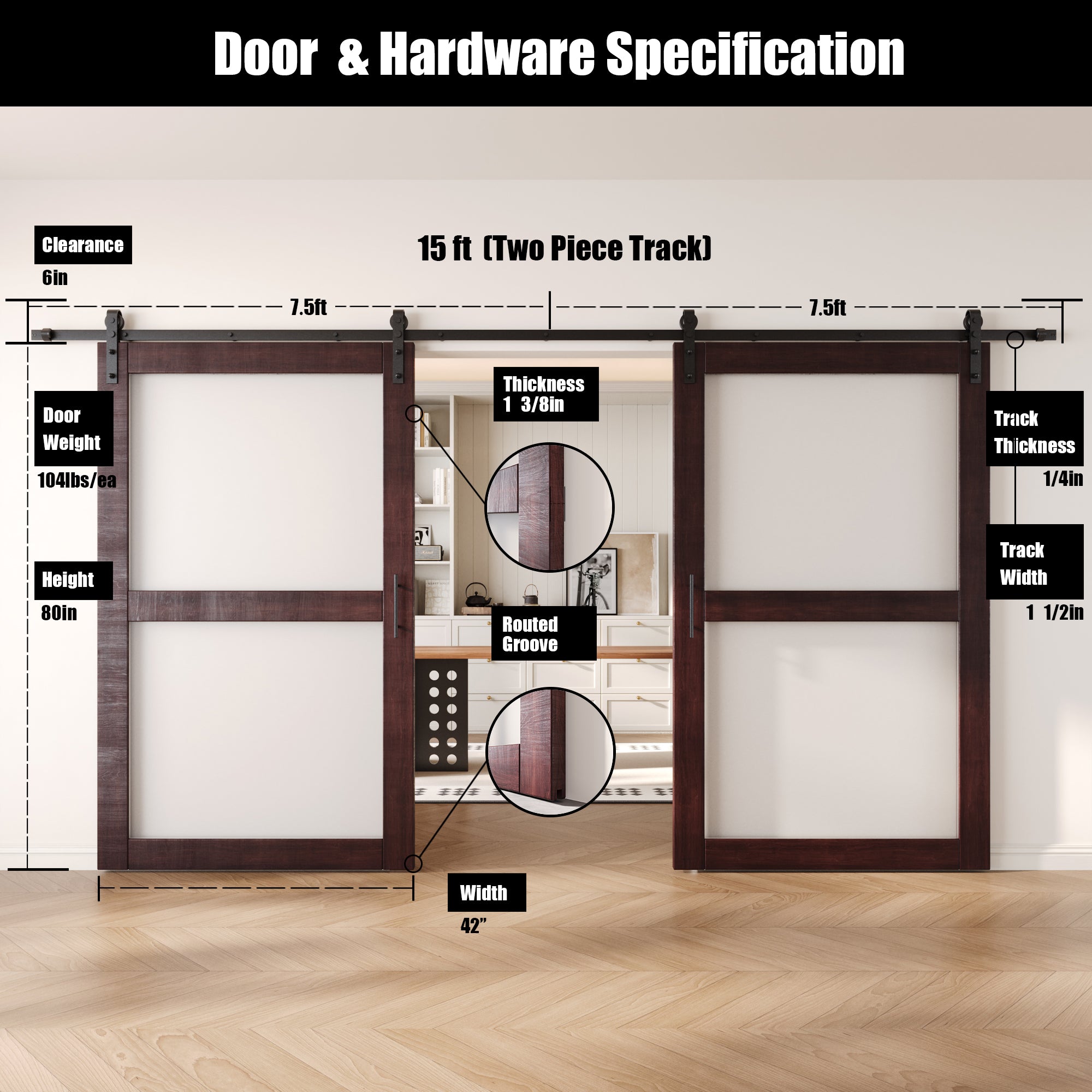 80" Height Red Mahogany 2-Lite Frosted Glass Double Unassembled & Finished Pine Wood Barn Doors with Non-Bypass Installation Hardware Kit (Interior Use Only)