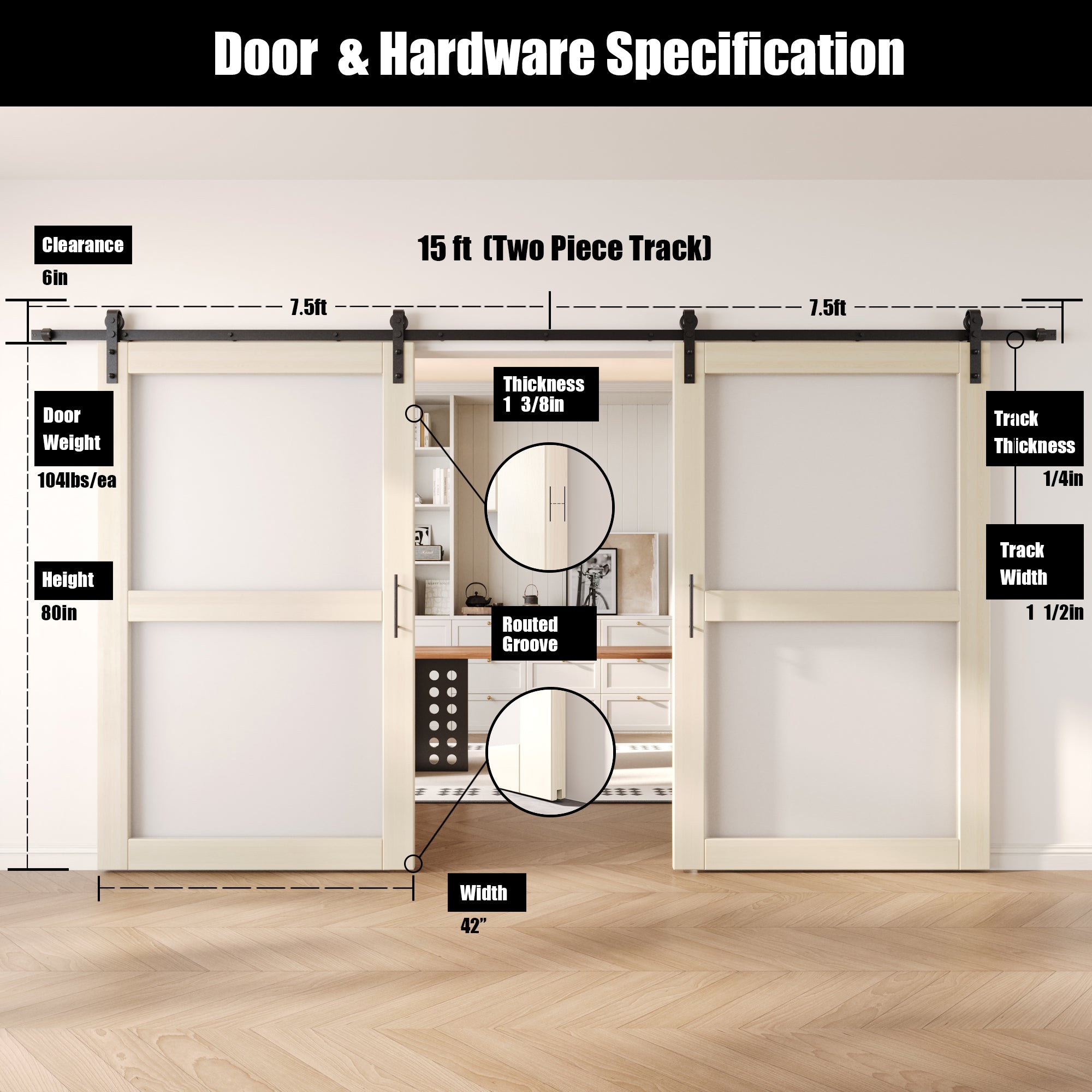 80" Height Tinsmith Gray 2-Lite Frosted Glass Double Unassembled & Finished Pine Wood Barn Doors with Non-Bypass Installation Hardware Kit (Interior Use Only)