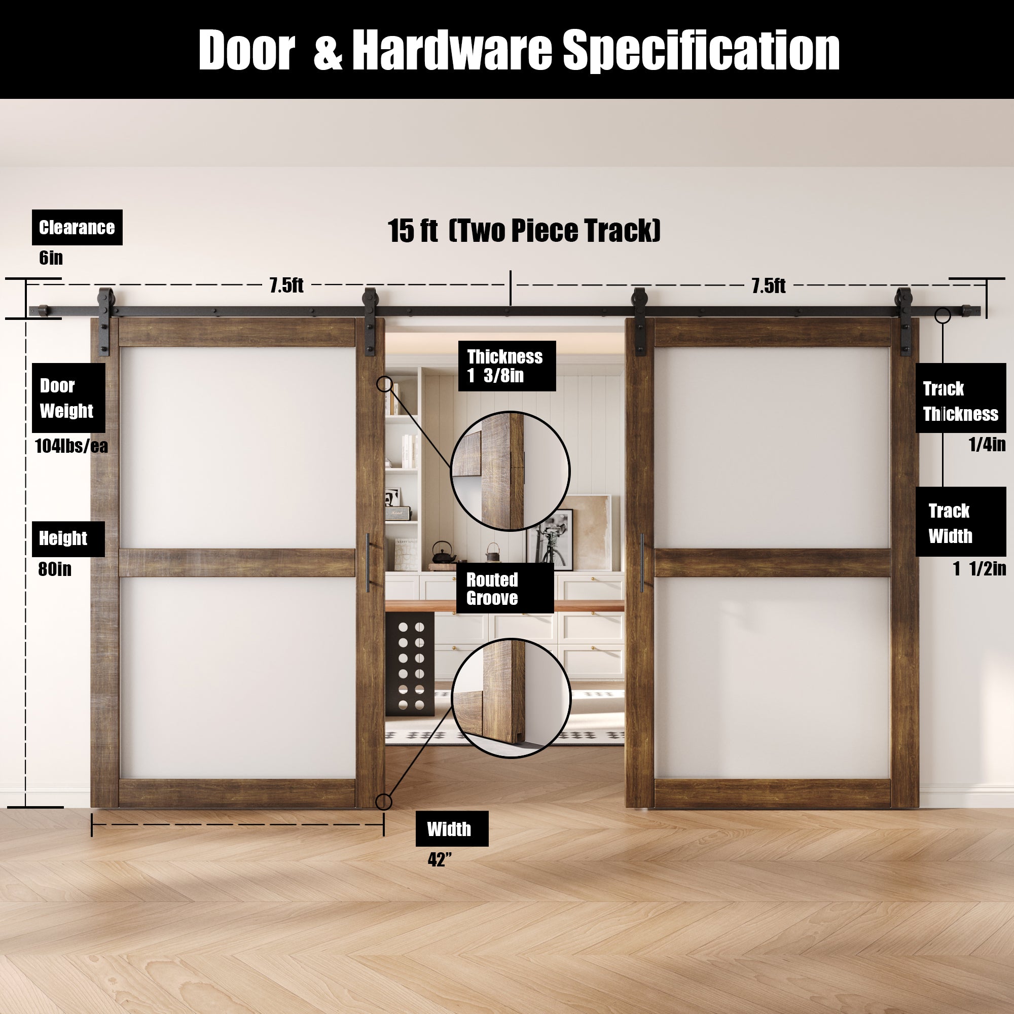 80" Height Dark Walnut 2-Lite Frosted Glass Double Unassembled & Finished Pine Wood Barn Doors with Non-Bypass Installation Hardware Kit (Interior Use Only)