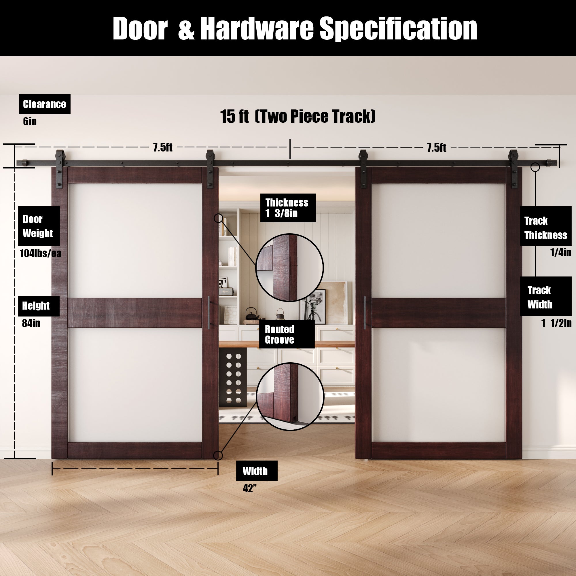 84" Height Red Mahogany 2-Lite Frosted Glass Double Unassembled & Finished Pine Wood Barn Doors with Non-Bypass Installation Hardware Kit (Interior Use Only)