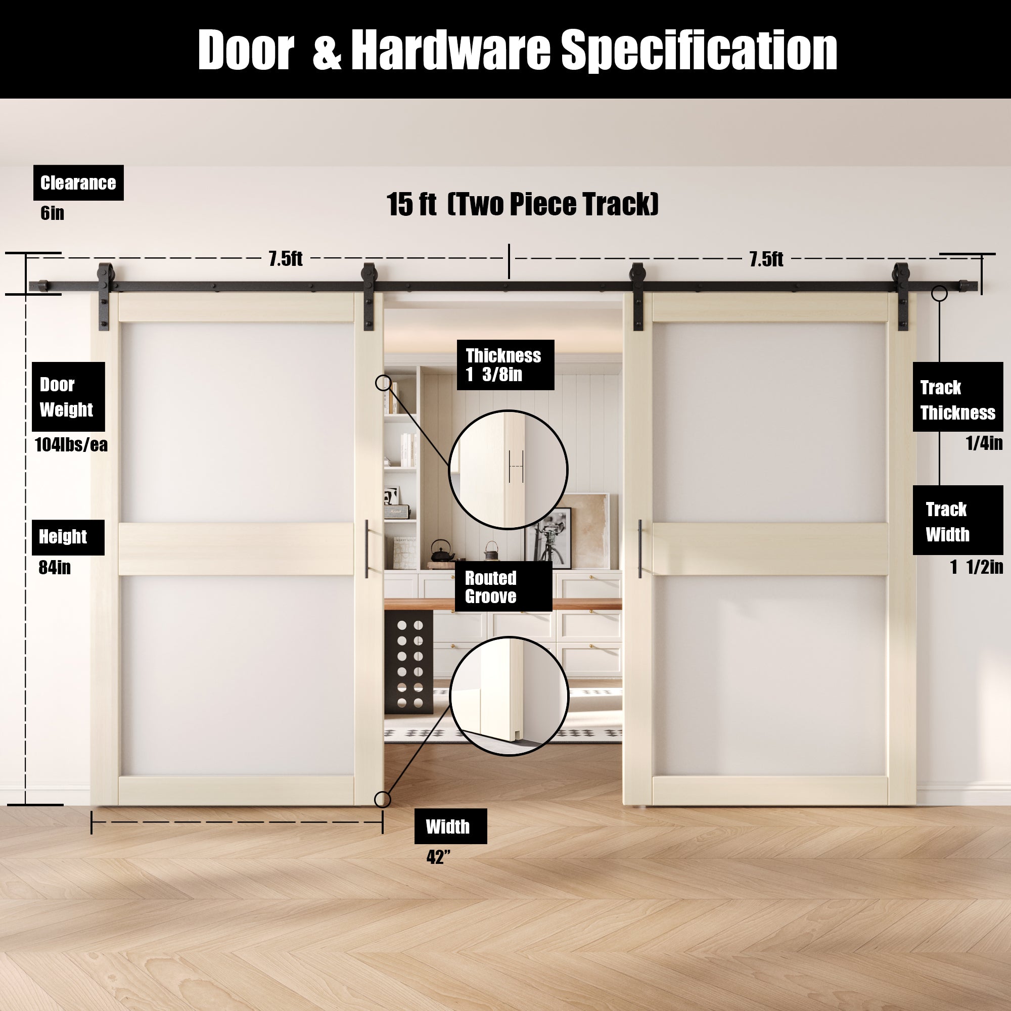 84" Height Tinsmith Gray 2-Lite Frosted Glass Double Unassembled & Finished Pine Wood Barn Doors with Non-Bypass Installation Hardware Kit (Interior Use Only)