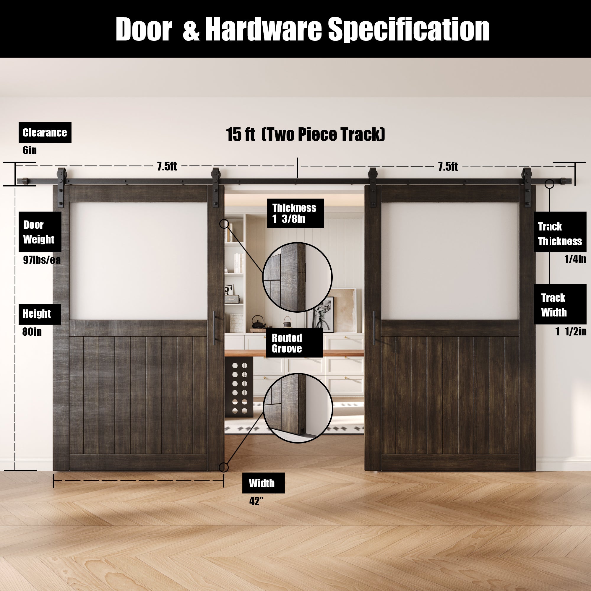 80" Height Ebony Half Lite Frosted Glass Double Unassembled & Finished Pine Wood Barn Door with Non-Bypass Installation Hardware Kit (Interior Use Only)