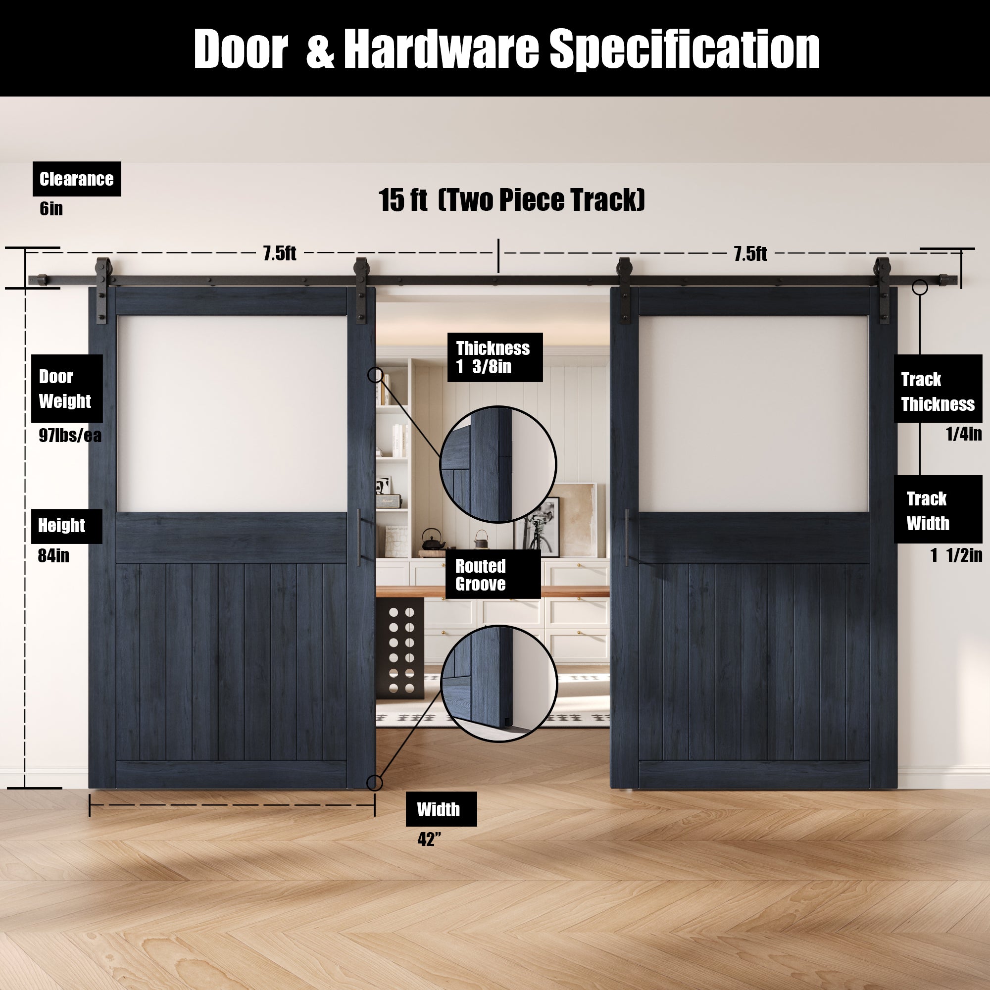 84" Height Navy Half Lite Frosted Glass Double Unassembled & Finished Pine Wood Barn Door with Non-Bypass Installation Hardware Kit (Interior Use Only)