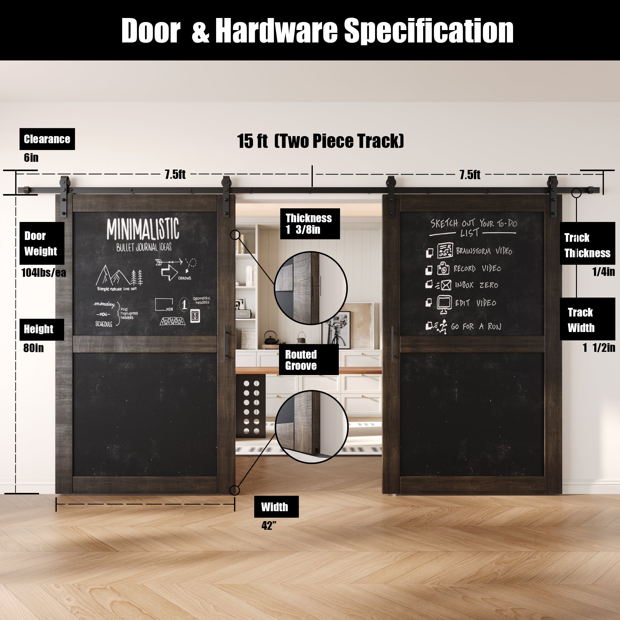 80" Height Ebony Chalkboard Design Double Unassembled & Finished Pine Wood Barn Doors with Non-Bypass Installation Hardware Kit (Interior Use Only)