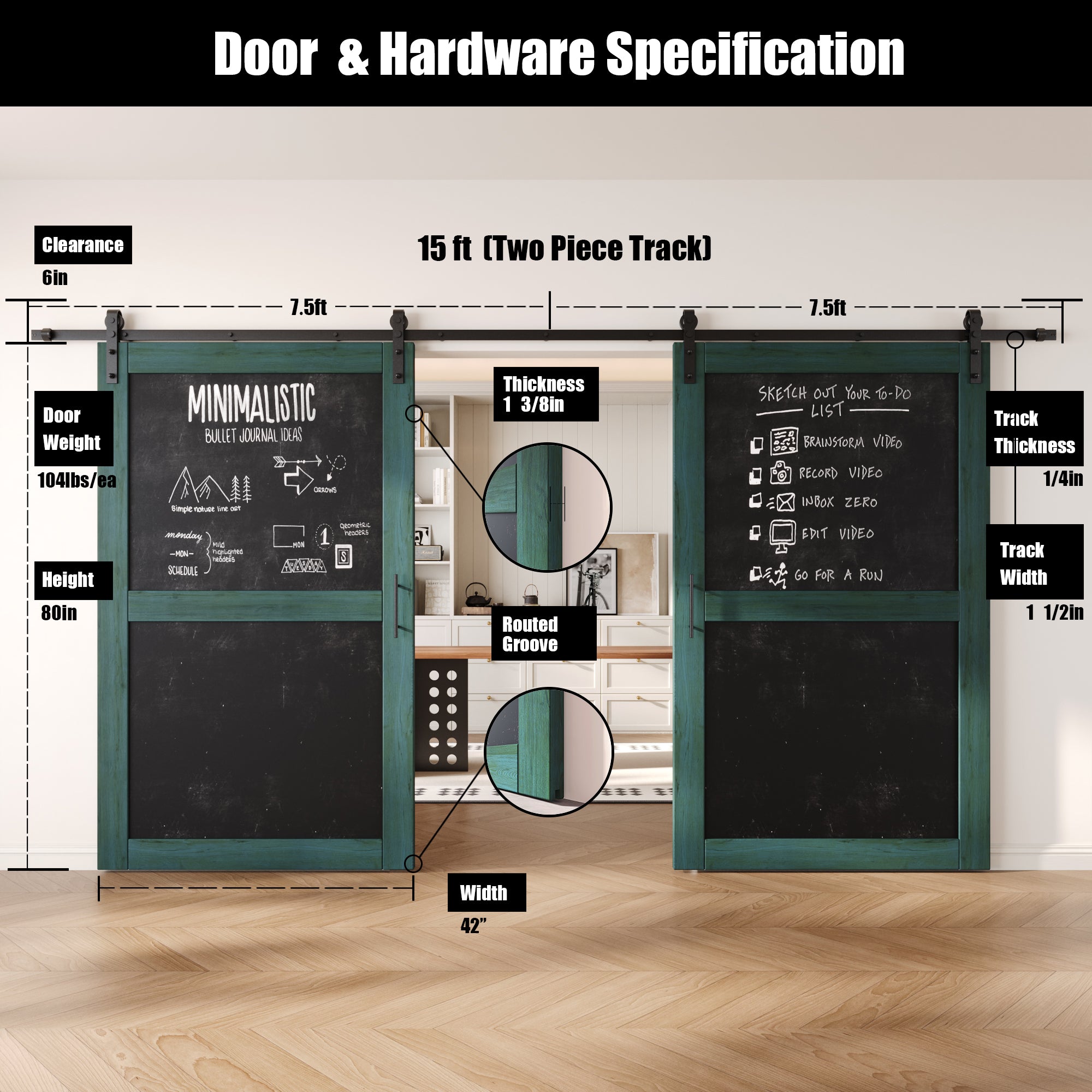80" Height Royal Pine Chalkboard Design Double Unassembled & Finished Pine Wood Barn Doors with Non-Bypass Installation Hardware Kit (Interior Use Only)