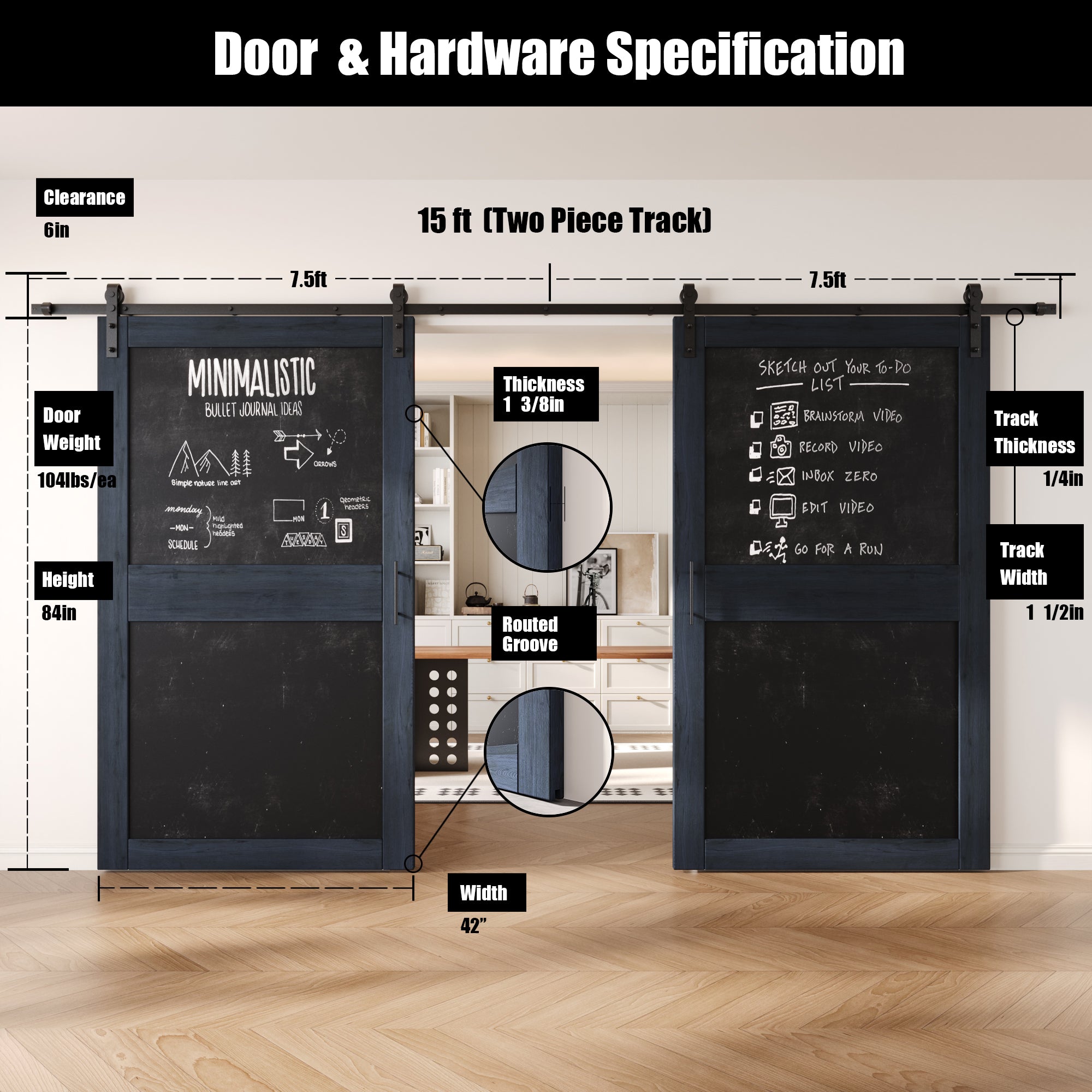 84" Height Navy Chalkboard Design Double Unassembled & Finished Pine Wood Barn Doors with Non-Bypass Installation Hardware Kit (Interior Use Only)