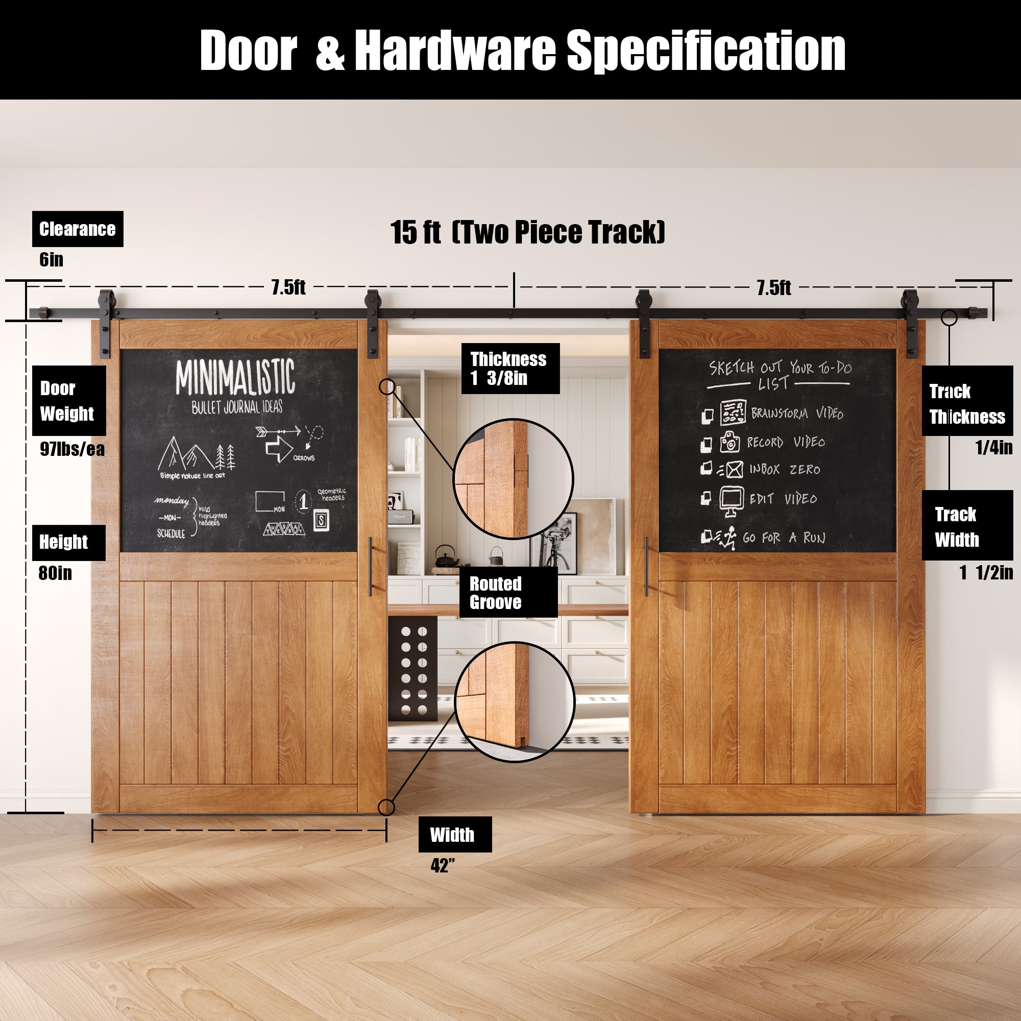 80" Height Early American Top Chalkboard Panel Double Unassembled & Finished Pine Wood Barn Doors with Non-Bypass Installation Hardware Kit (Interior Use Only)