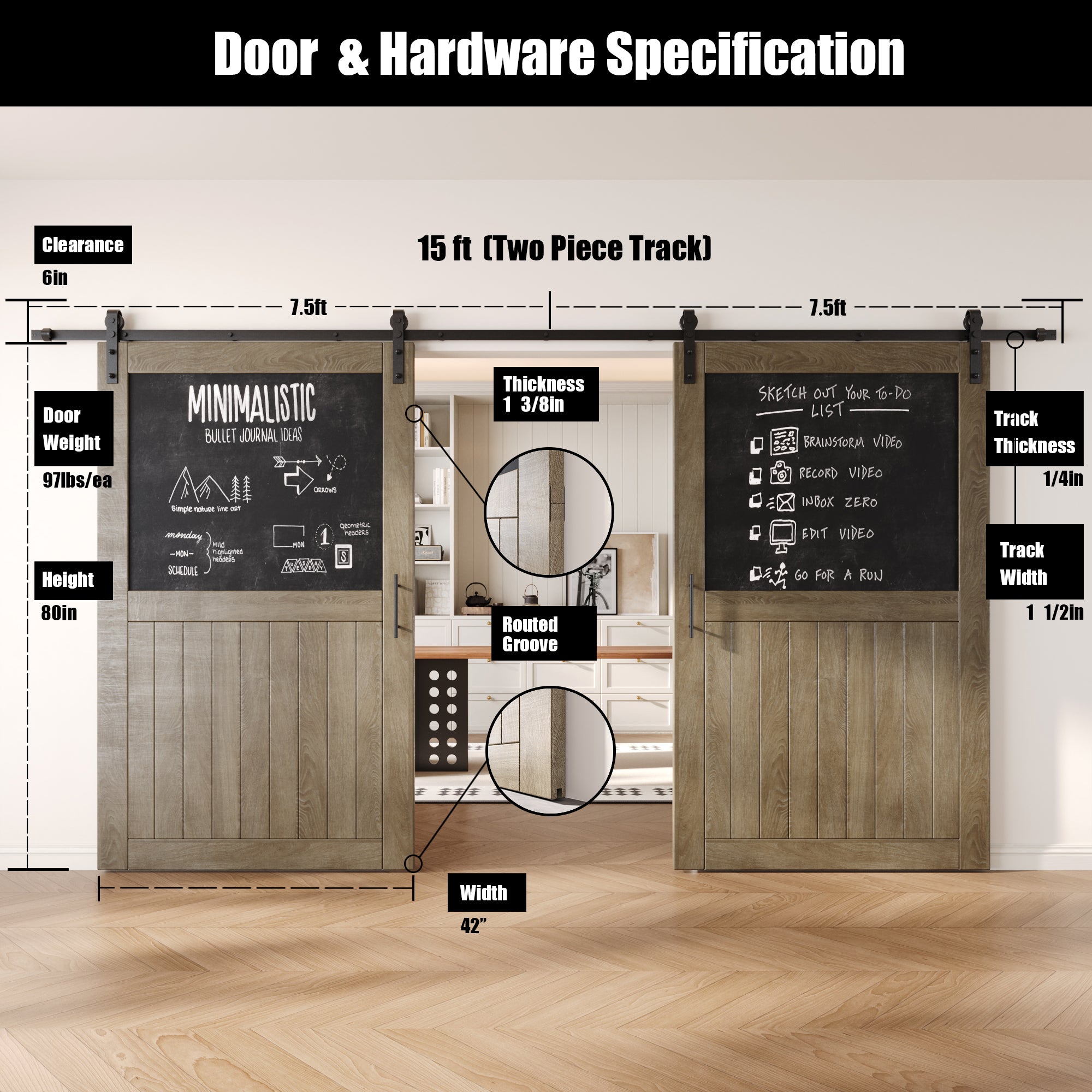 80" Height Classic Gray Top Chalkboard Panel Double Unassembled & Finished Pine Wood Barn Doors with Non-Bypass Installation Hardware Kit (Interior Use Only)