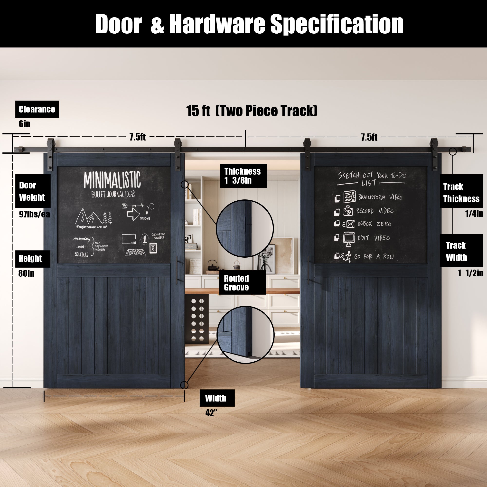 80" Height Navy Top Chalkboard Panel Double Unassembled & Finished Pine Wood Barn Doors with Non-Bypass Installation Hardware Kit (Interior Use Only)