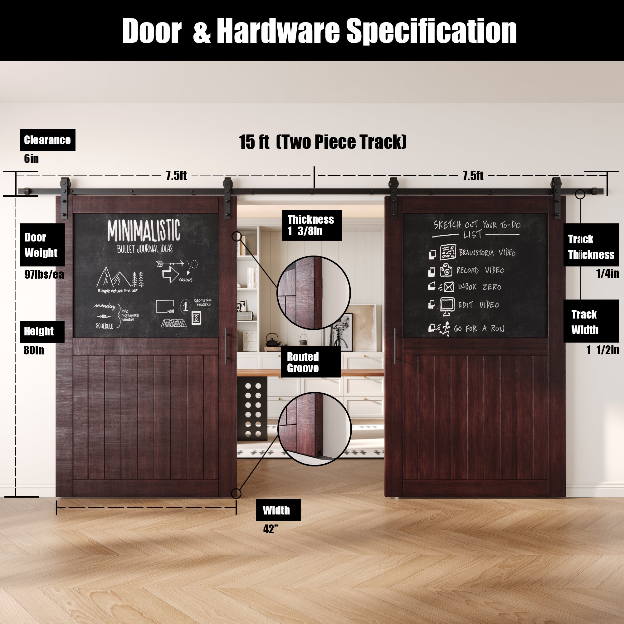 80" Height Red Mahogany Top Chalkboard Panel Double Unassembled & Finished Pine Wood Barn Doors with Non-Bypass Installation Hardware Kit (Interior Use Only)