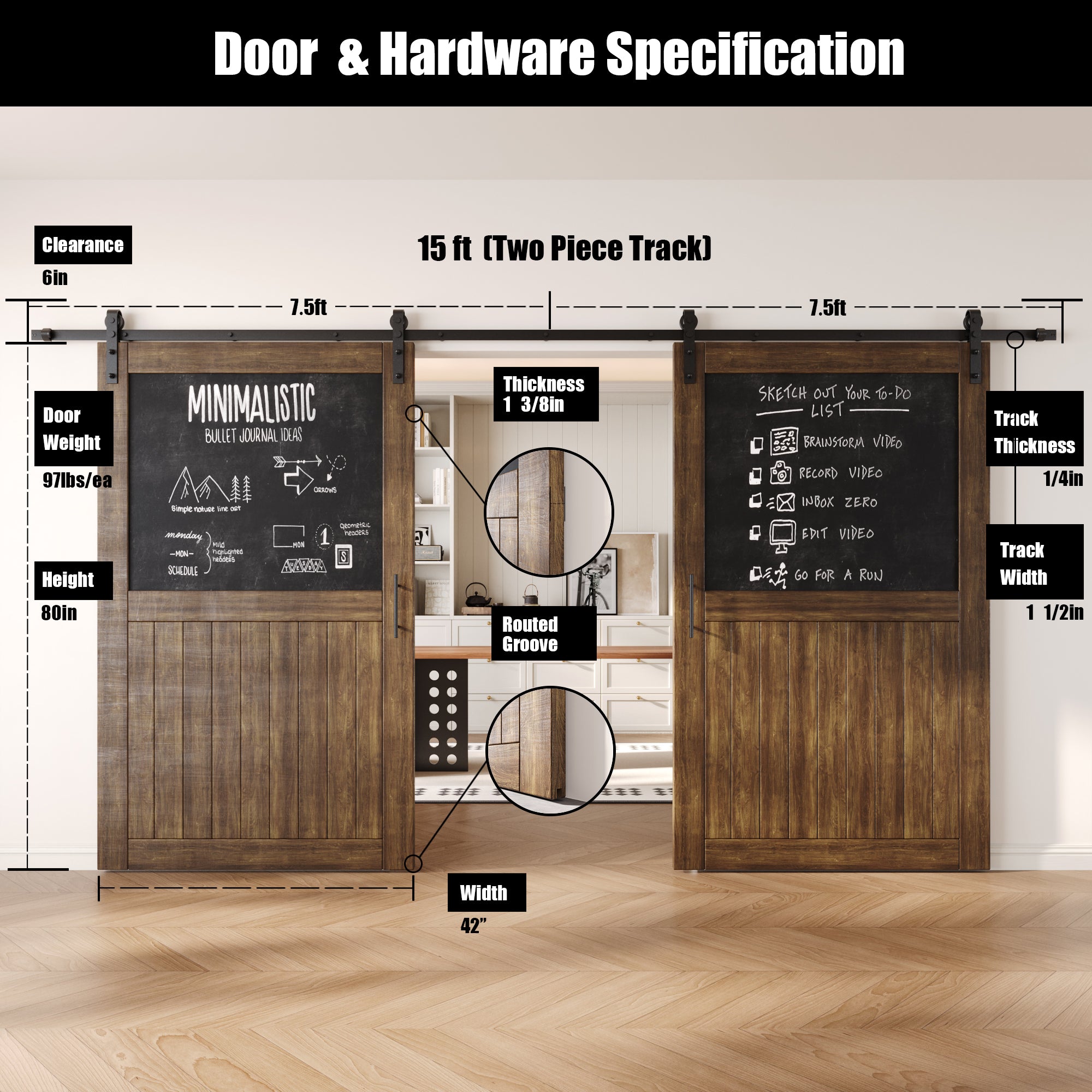 80" Height Dark Walnut Top Chalkboard Panel Double Unassembled & Finished Pine Wood Barn Doors with Non-Bypass Installation Hardware Kit (Interior Use Only)
