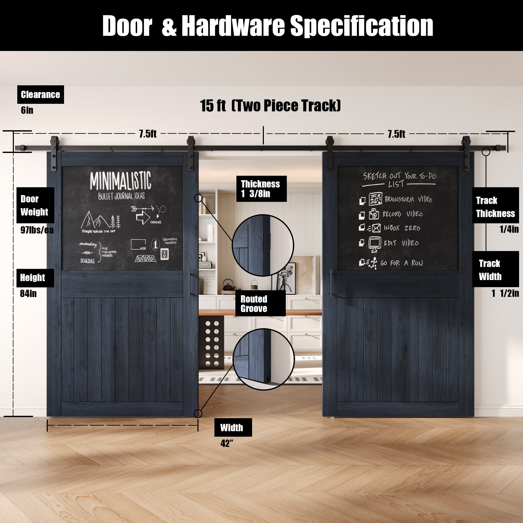 84" Height Navy Top Chalkboard Panel Double Unassembled & Finished Pine Wood Barn Doors with Non-Bypass Installation Hardware Kit (Interior Use Only)