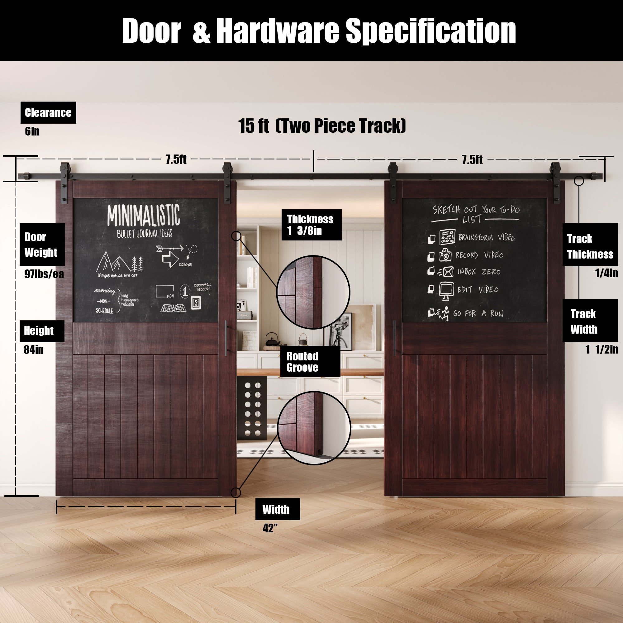 84" Height Red Mahogany Top Chalkboard Panel Double Unassembled & Finished Pine Wood Barn Doors with Non-Bypass Installation Hardware Kit (Interior Use Only)
