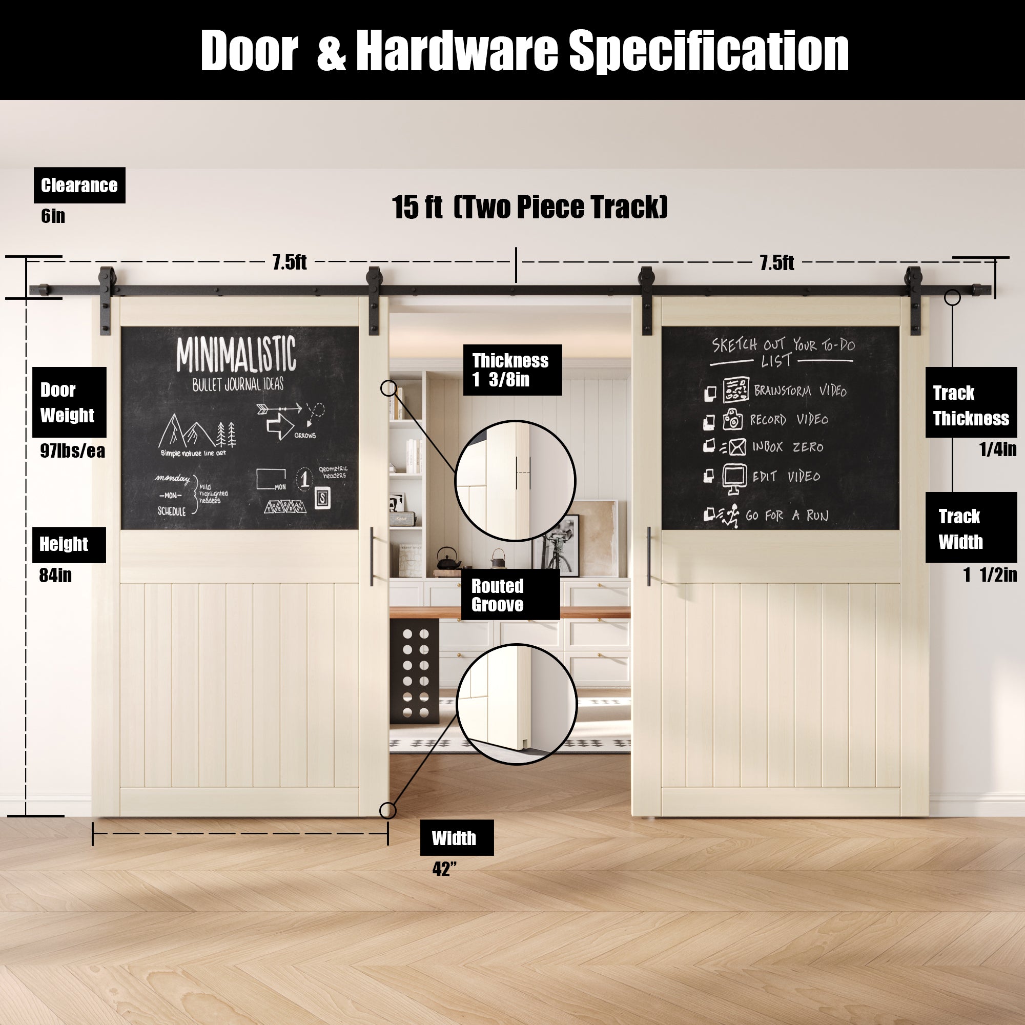 84" Height Tinsmith Gray Top Chalkboard Panel Double Unassembled & Finished Pine Wood Barn Doors with Non-Bypass Installation Hardware Kit (Interior Use Only)