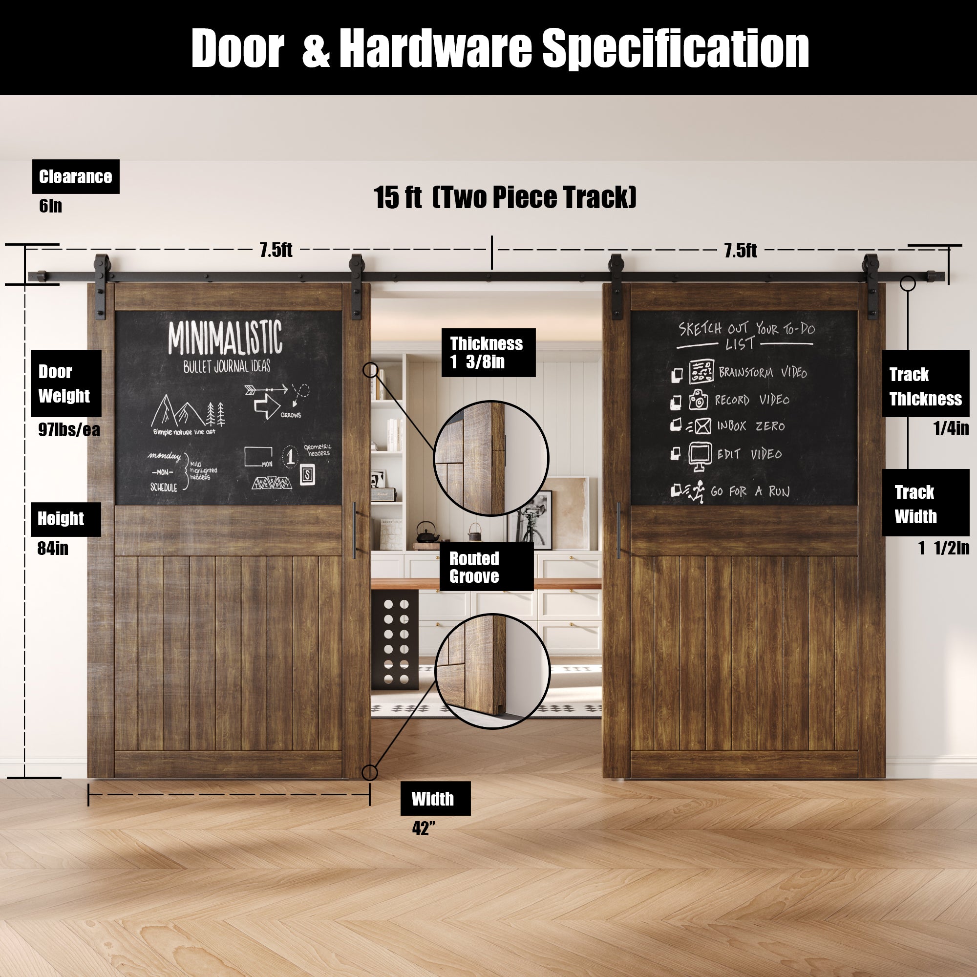 84" Height Dark Walnut Top Chalkboard Panel Double Unassembled & Finished Pine Wood Barn Doors with Non-Bypass Installation Hardware Kit (Interior Use Only)