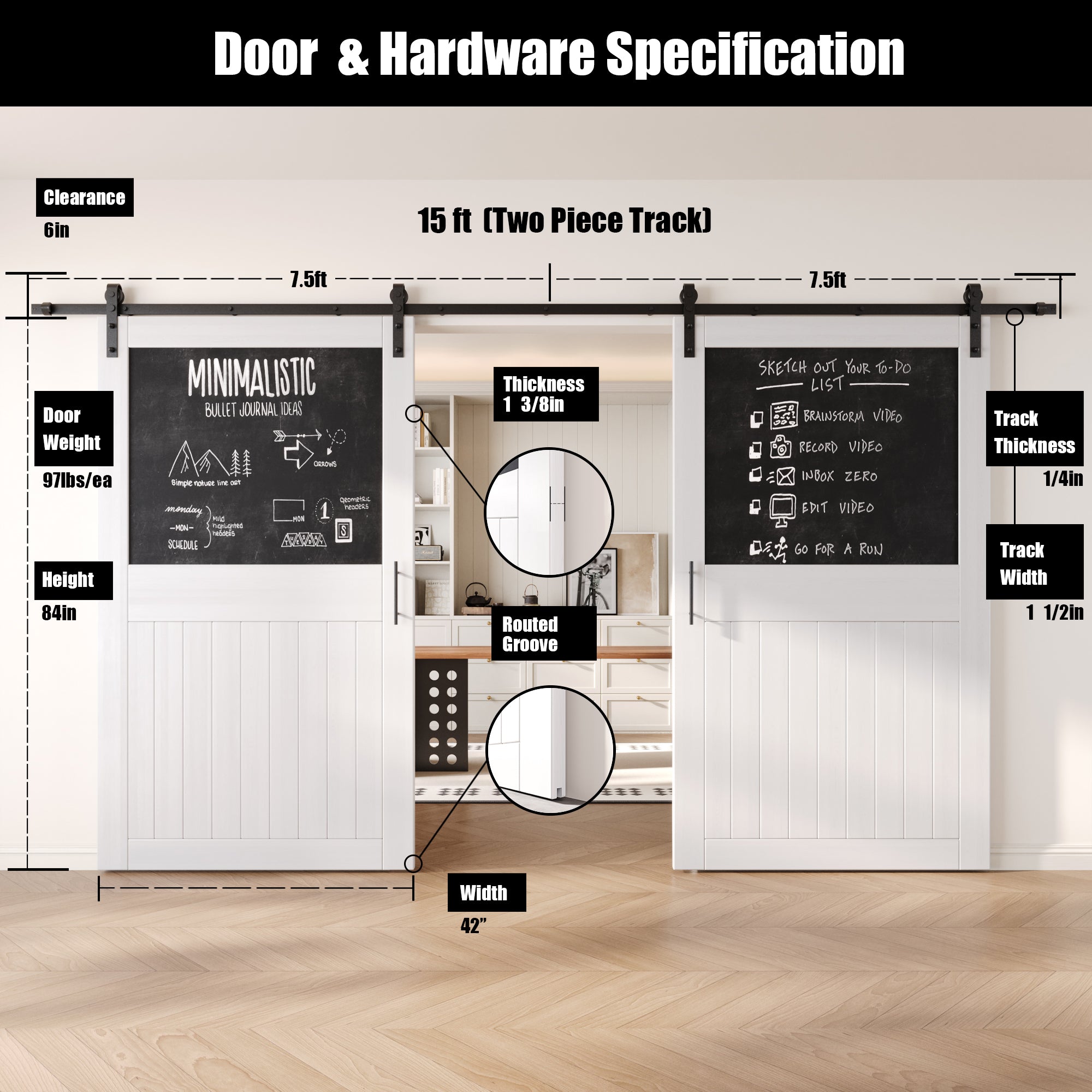 84" Height White Top Chalkboard Panel Double Unassembled & Finished Pine Wood Barn Doors with Non-Bypass Installation Hardware Kit (Interior Use Only)