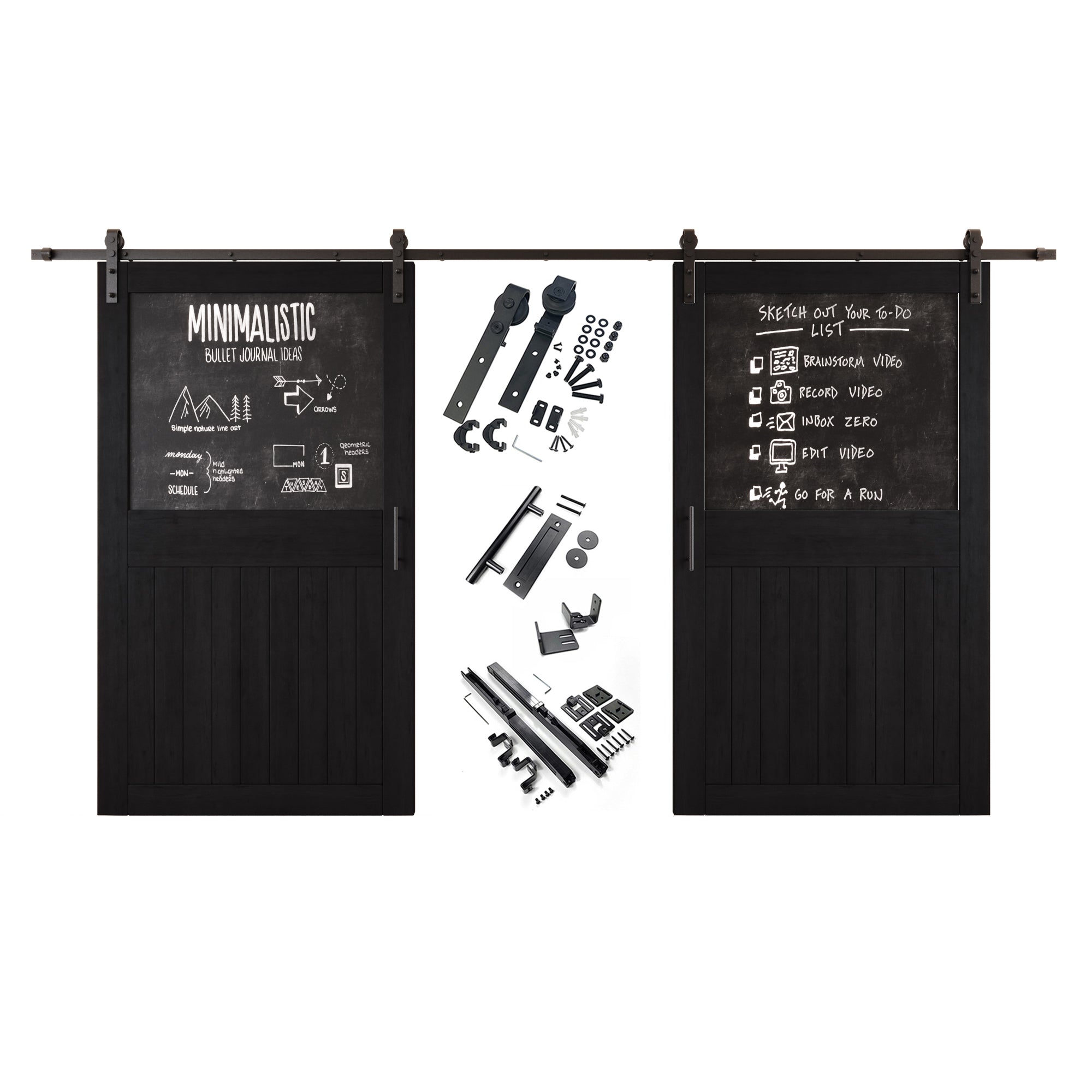 84" Height Black Top Chalkboard Panel Double Unassembled & Finished Pine Wood Barn Doors with Non-Bypass Installation Hardware Kit (Interior Use Only)