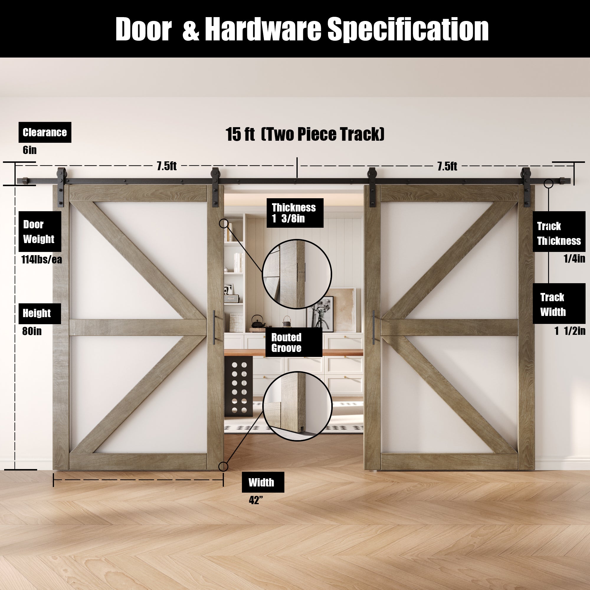 80" Height Classic Gray Arrow Pattern Glass Double Unassembled & Finished Pine Wood Barn Doors with Non-Bypass Installation Hardware Kit (Interior Use Only)