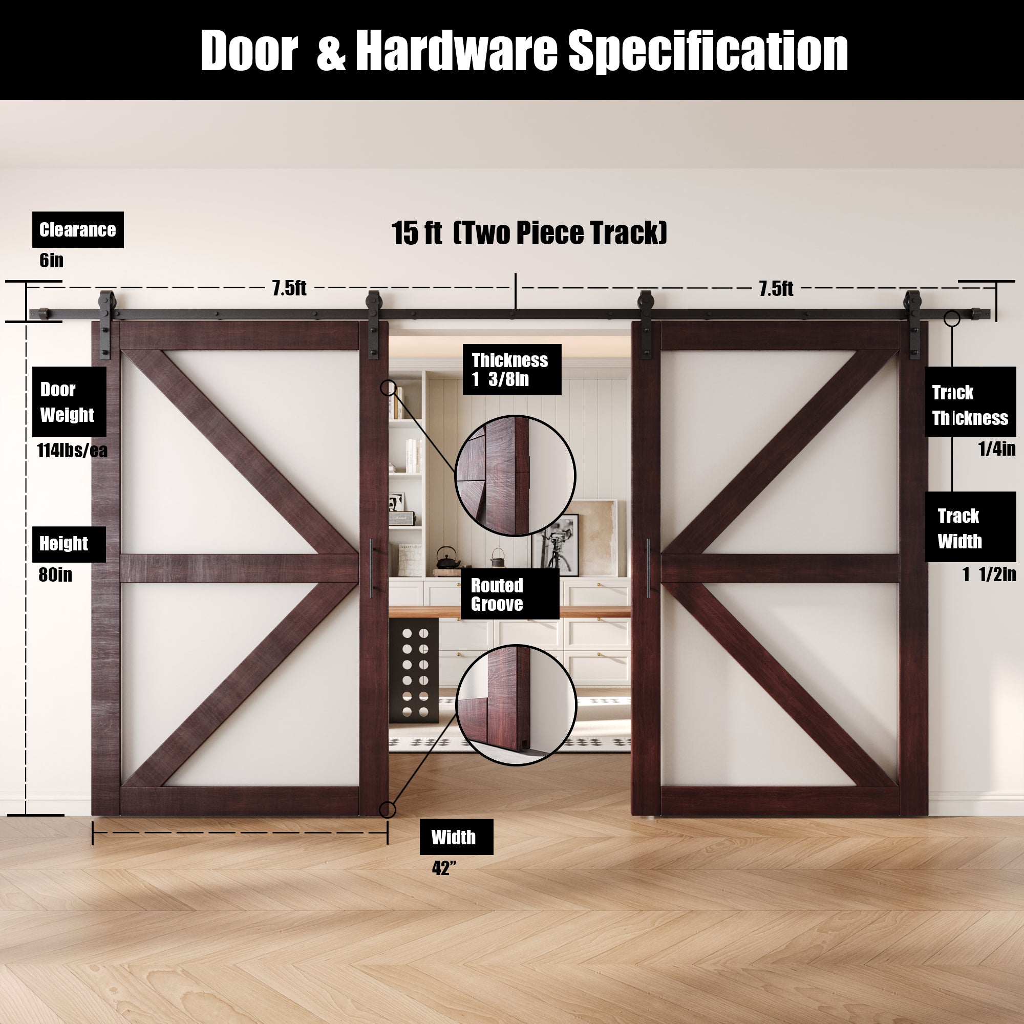 80" Height Red Mahogany Arrow Pattern Glass Double Unassembled & Finished Pine Wood Barn Doors with Non-Bypass Installation Hardware Kit (Interior Use Only)