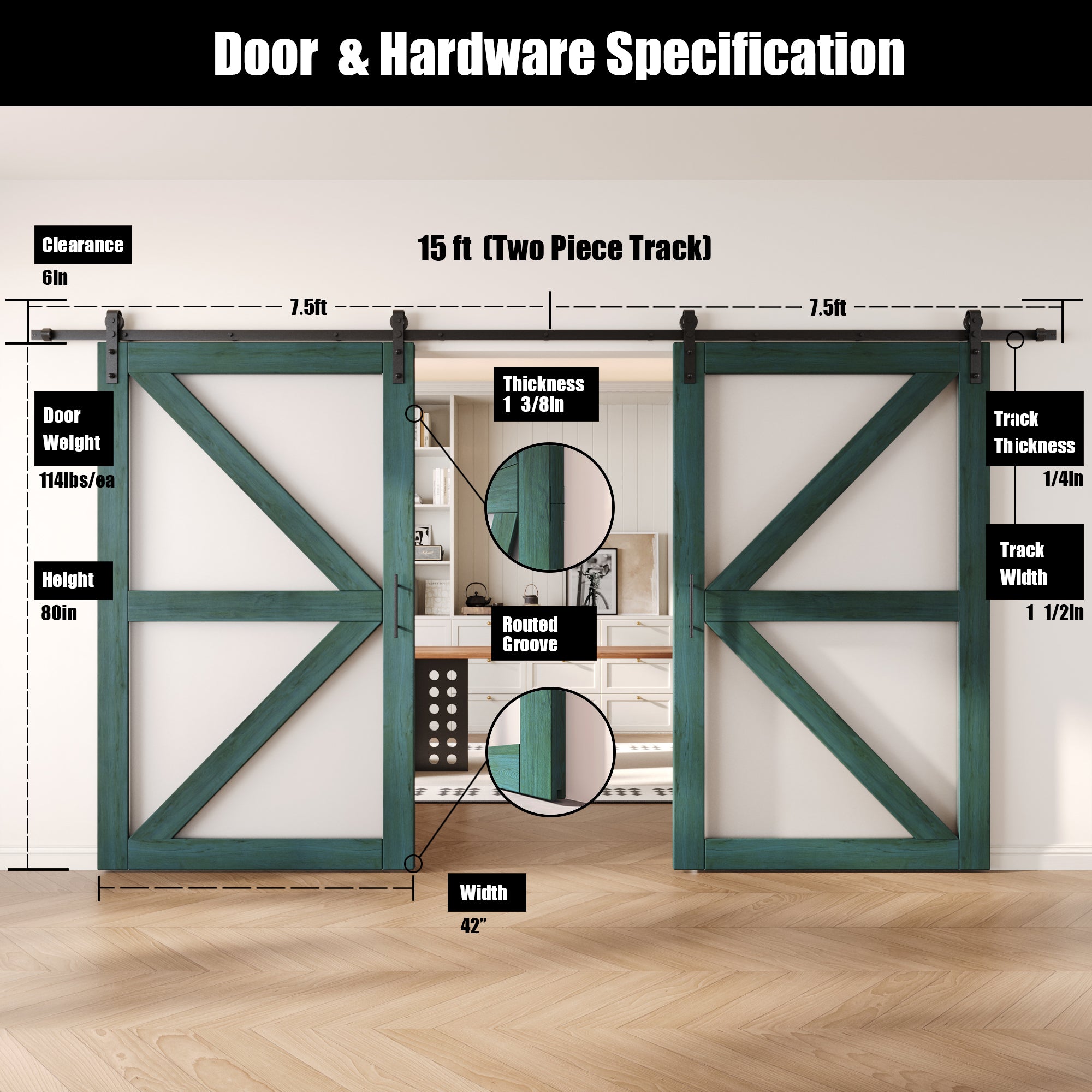 80" Height Royal Pine Arrow Pattern Glass Double Unassembled & Finished Pine Wood Barn Doors with Non-Bypass Installation Hardware Kit (Interior Use Only)